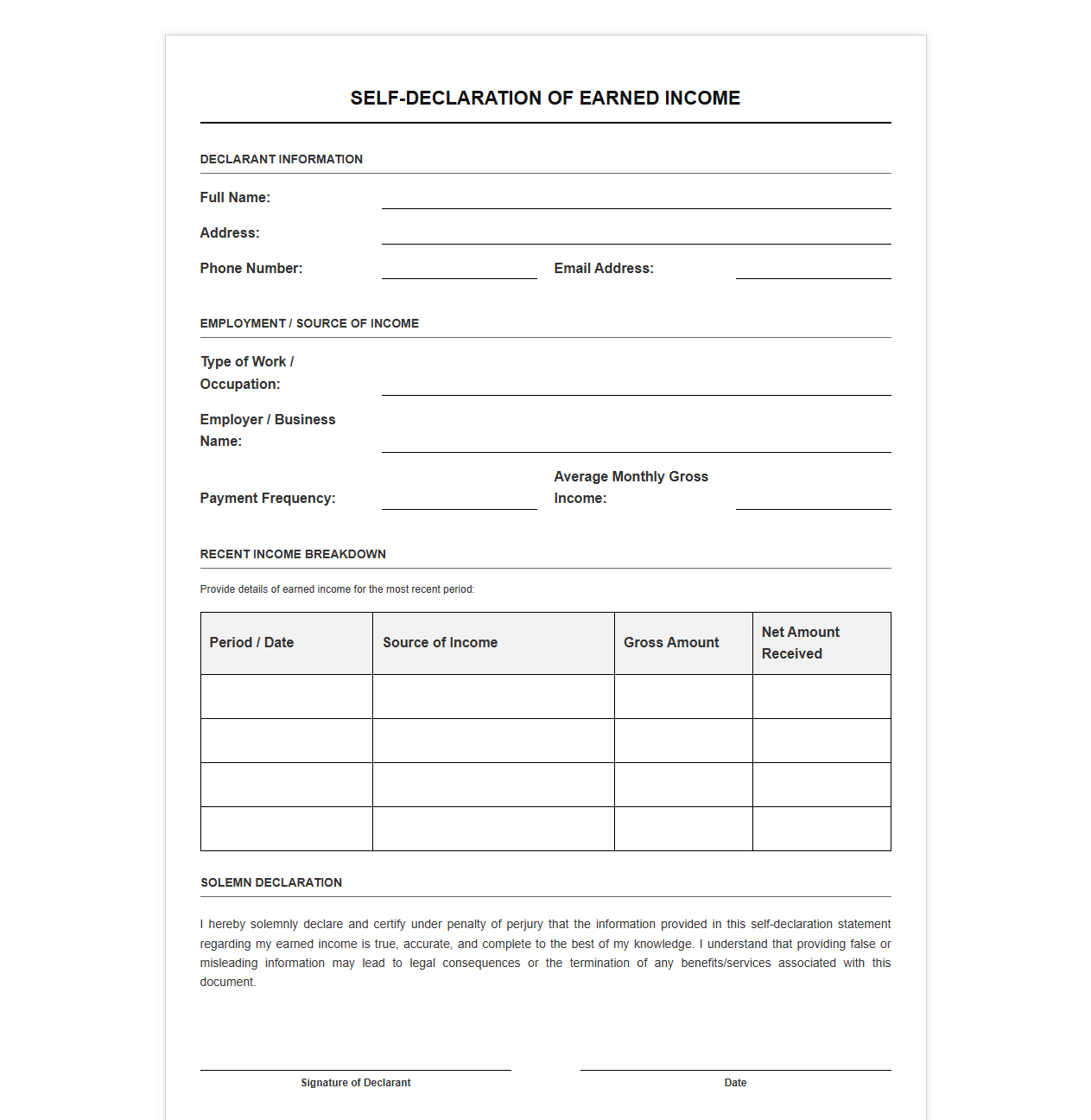 Self-Declaration of Earned Income Template