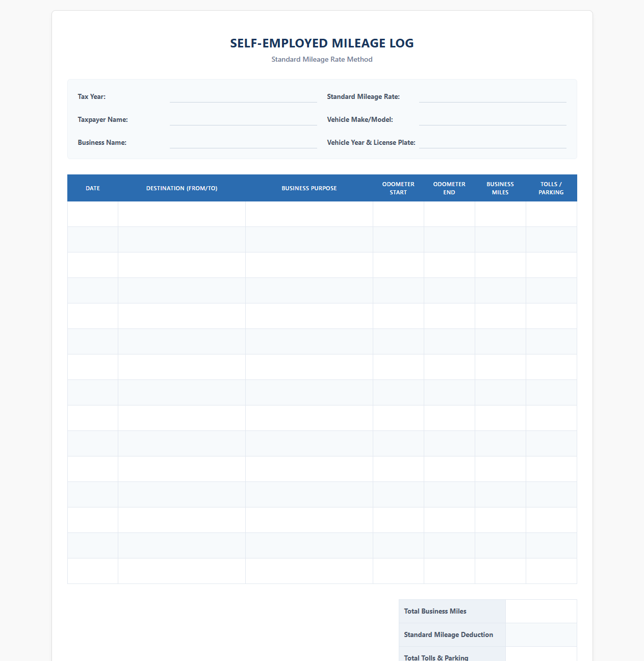 Self-Employed Mileage Tax Deduction Log