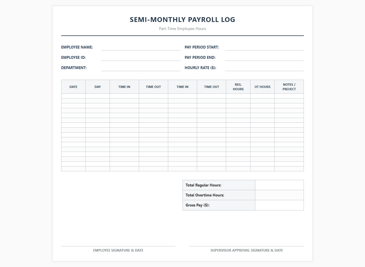 Semi-Monthly Part-Time Payroll Log