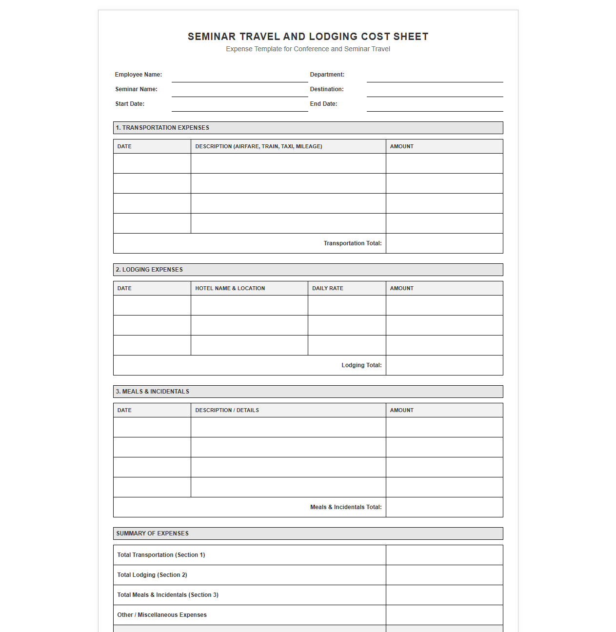 Seminar Travel and Lodging Cost Sheet