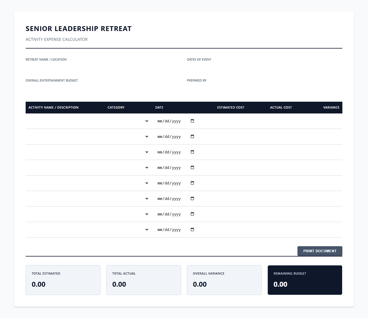 Senior Leadership Retreat Activity Expense Calculator