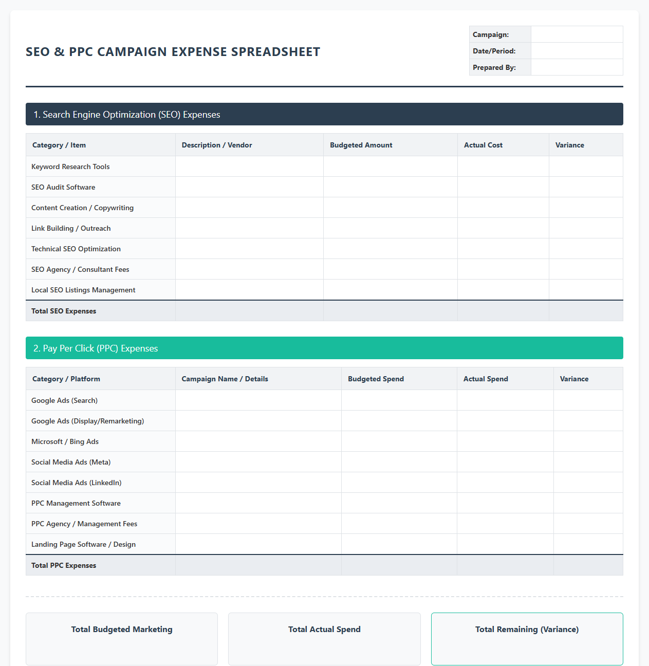 SEO and PPC Campaign Expense Spreadsheet