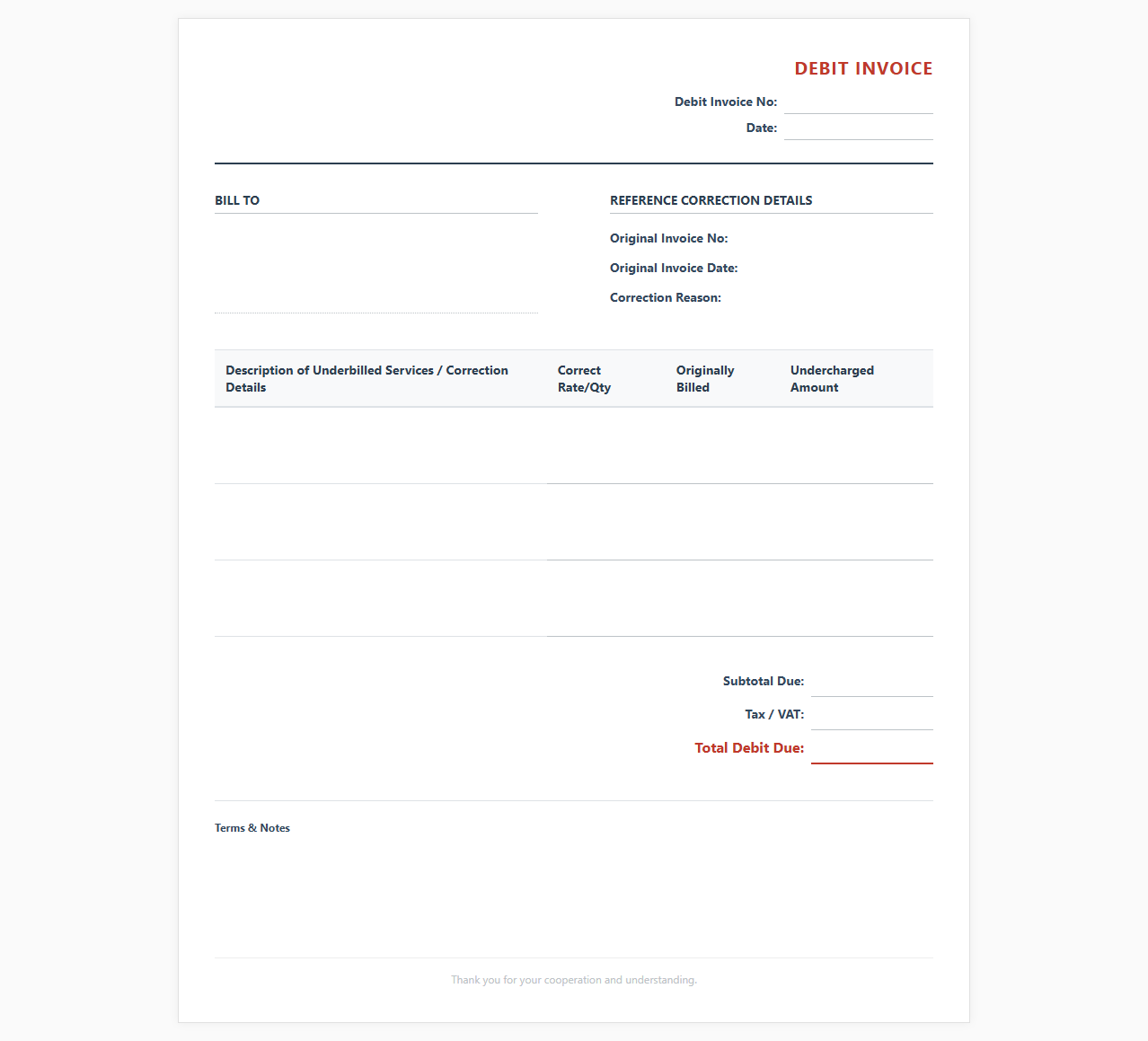 Service Undercharge Correction Invoice