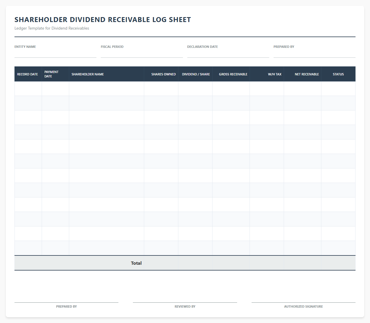 Shareholder Dividend Receivable Log Sheet