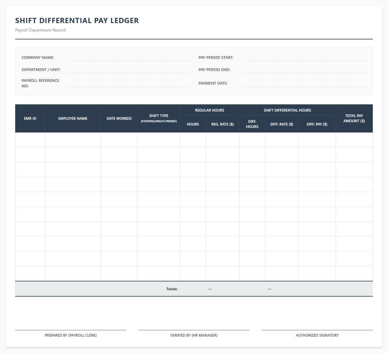 Shift Differential Pay Ledger Template
