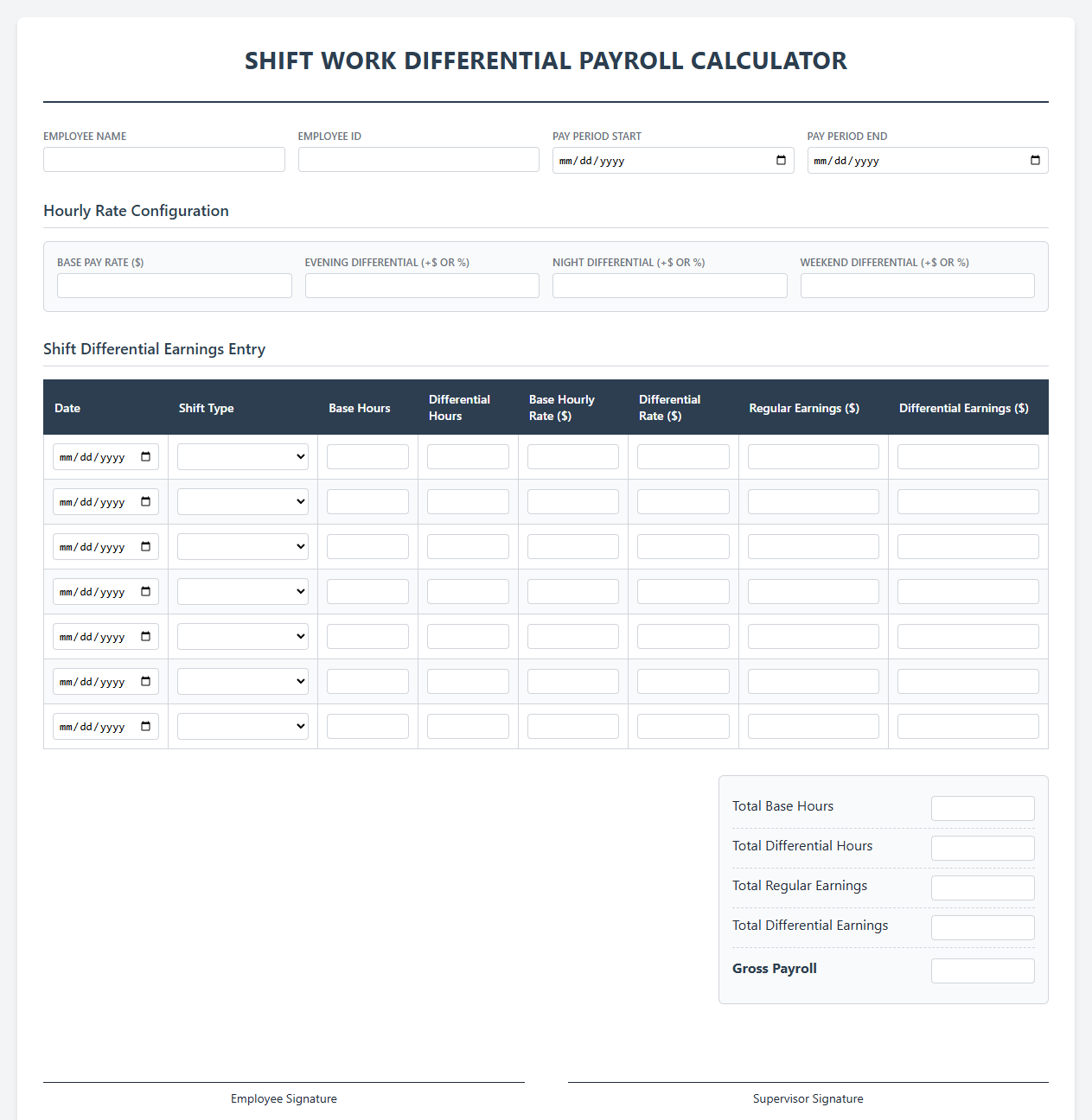 Shift Work Differential Payroll Calculator