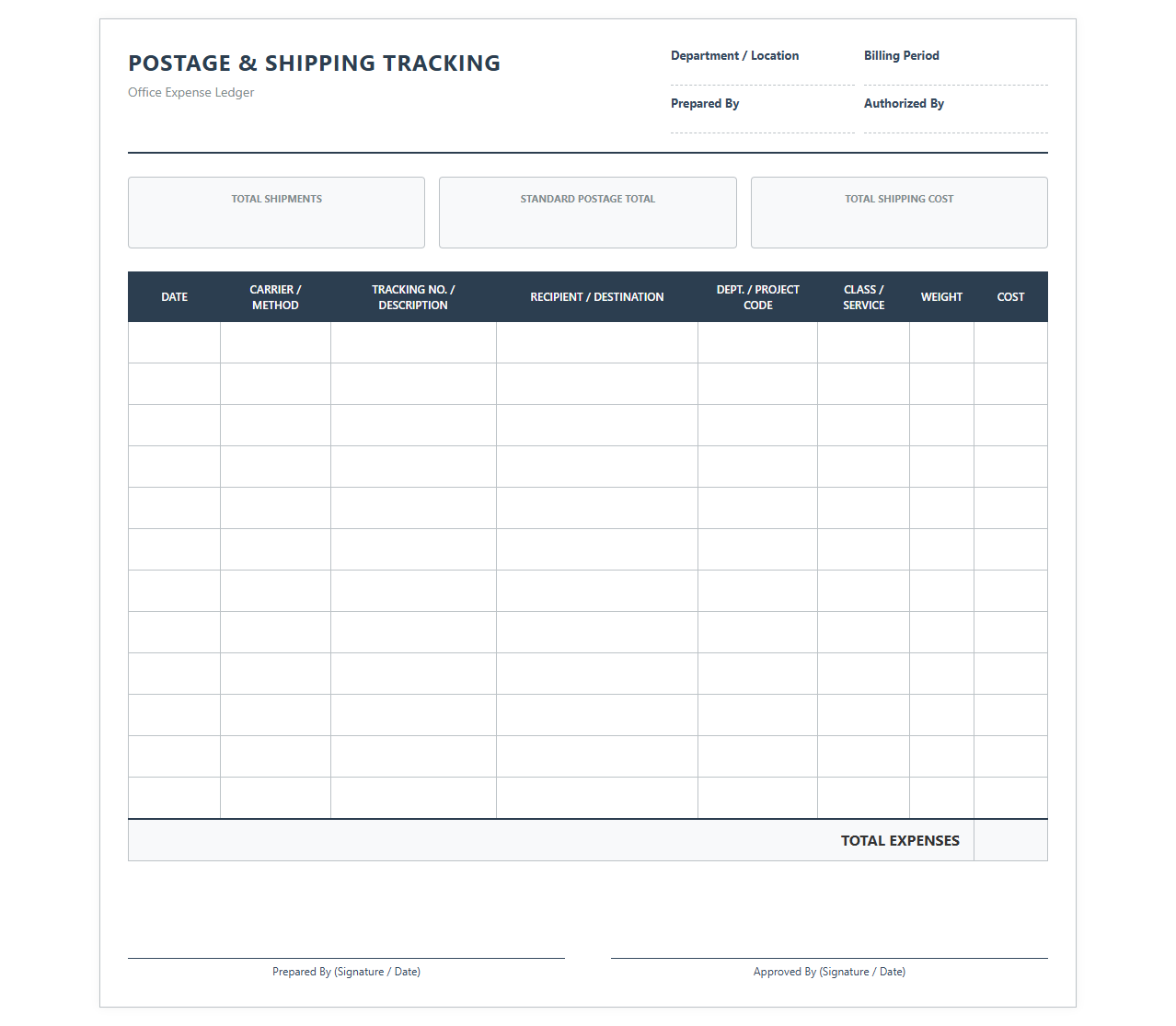 Shipping and Postage Cost Tracking Sheet