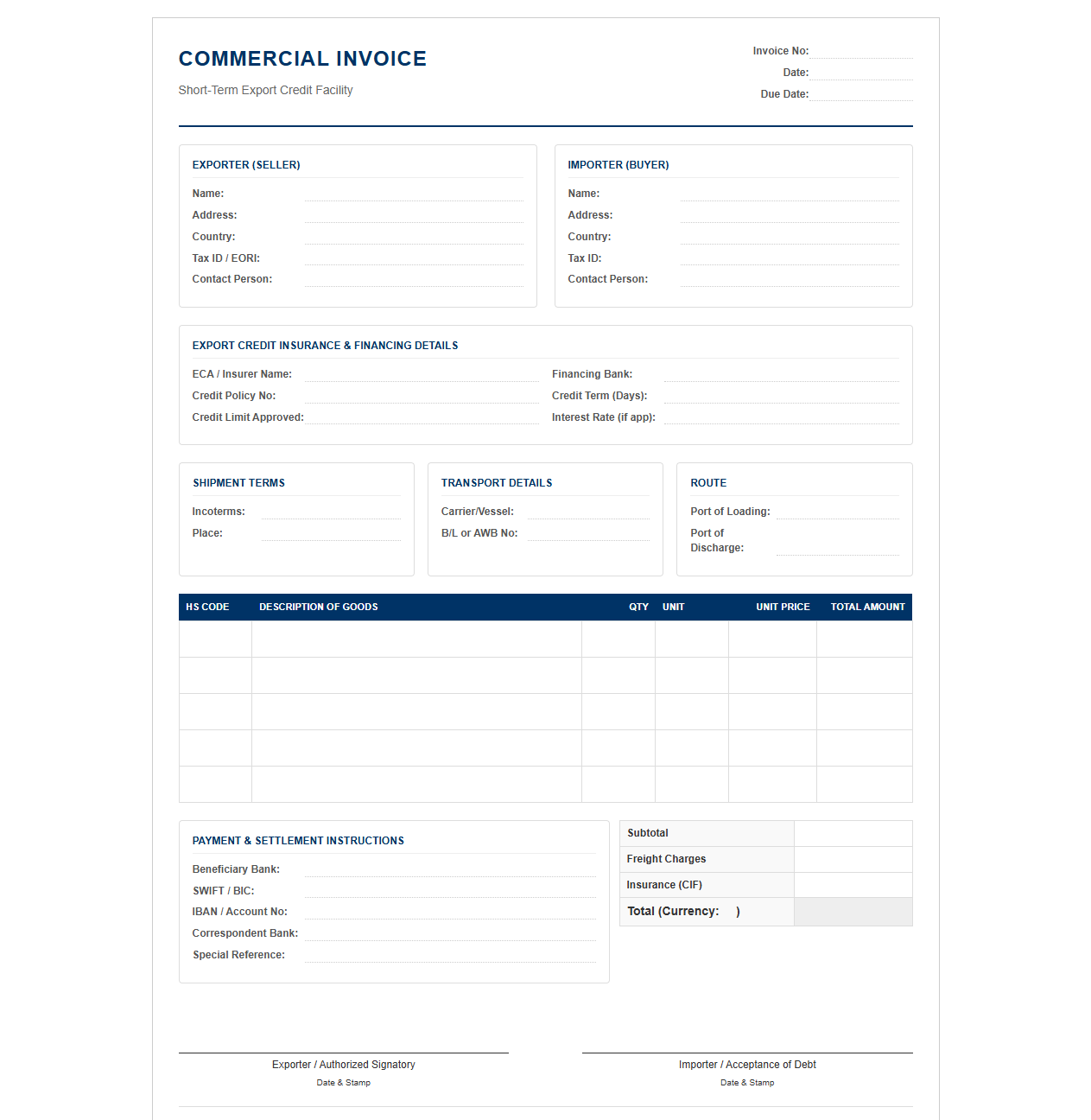 Short Term Export Credit Invoice Template