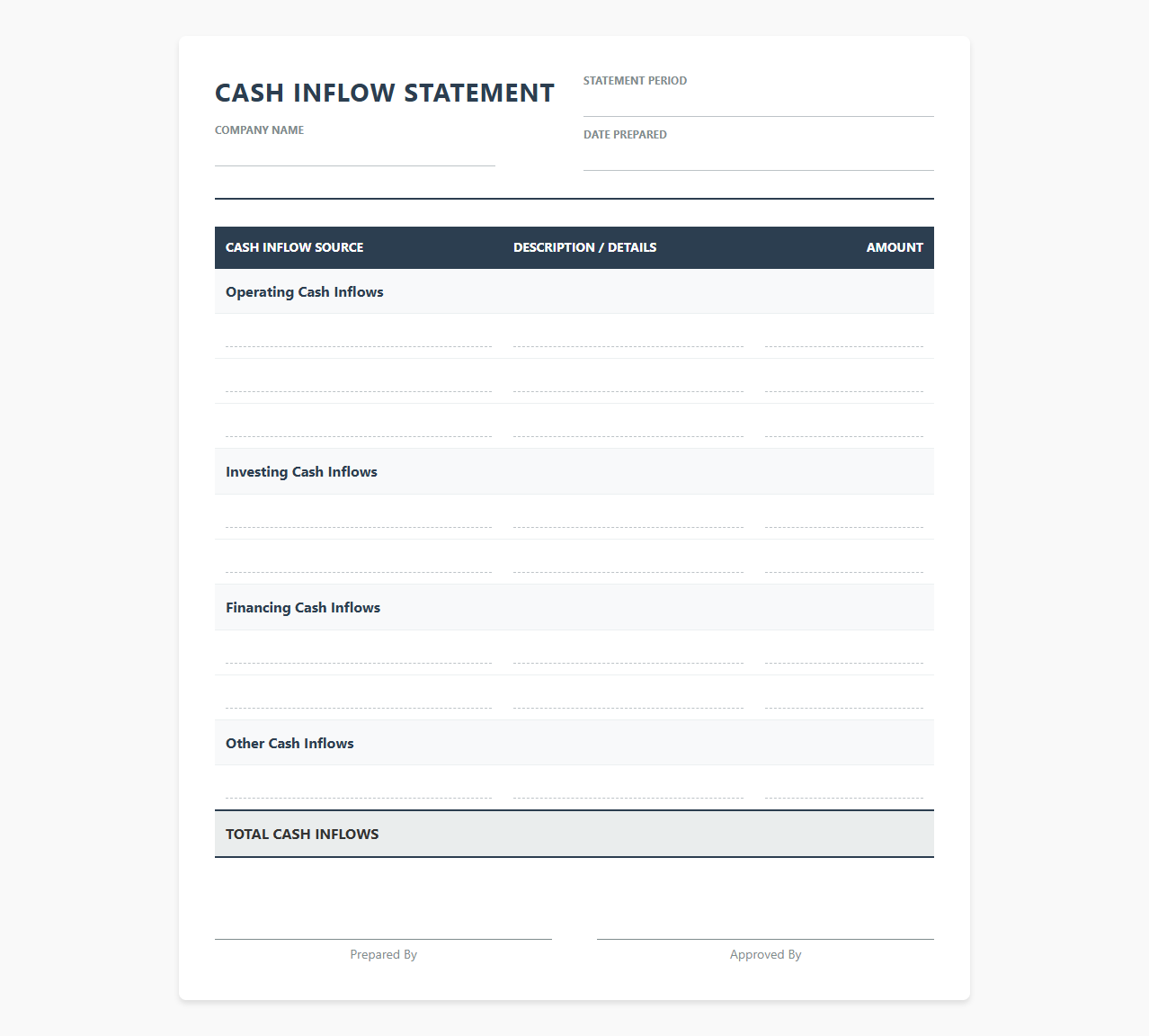 Simple Cash Inflow Statement Template