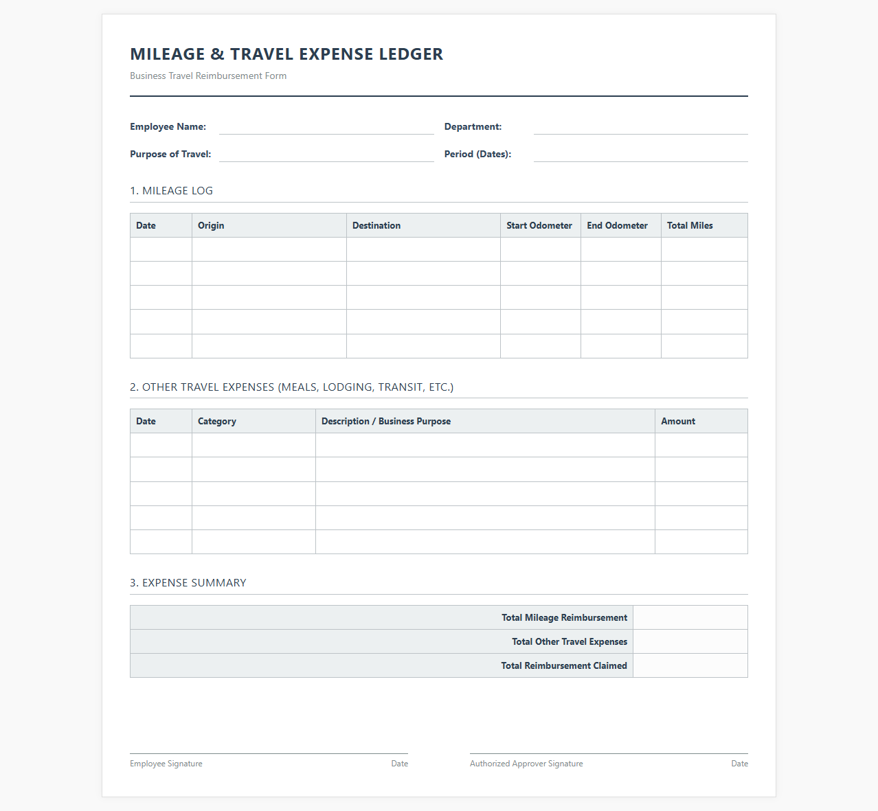Simple Mileage and Travel Expense Ledger