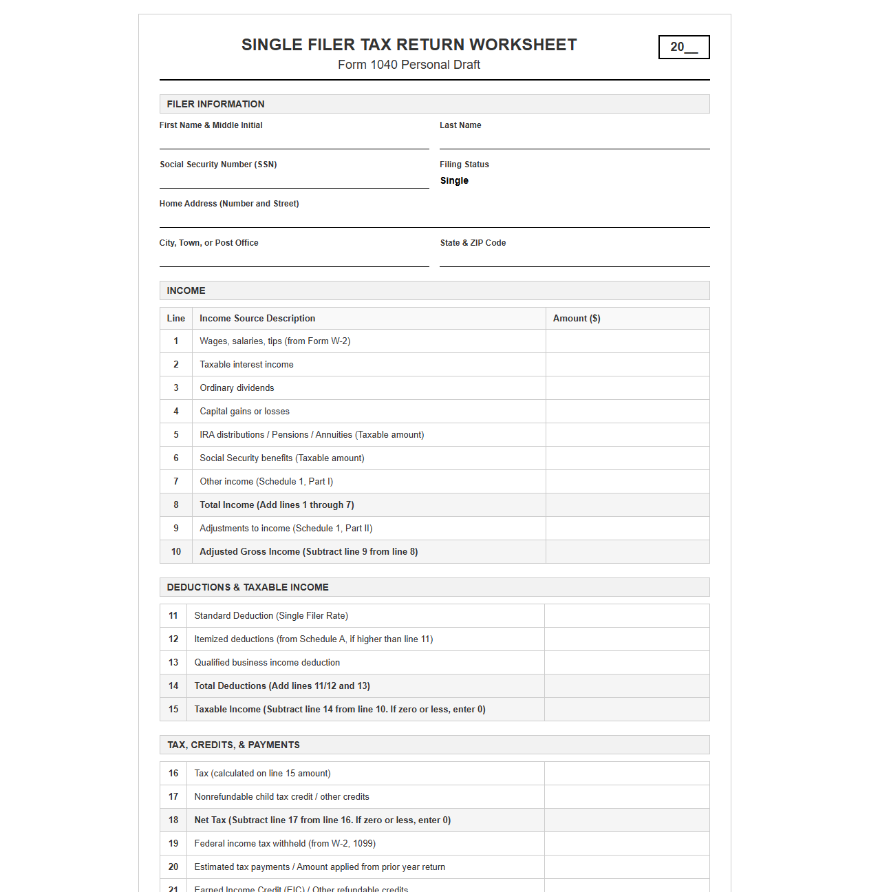 Single Filer Tax Return Worksheet