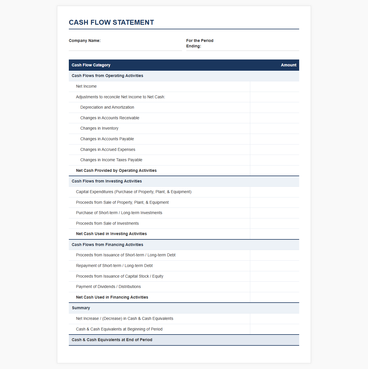 Small Business Cash Flow Statement Template