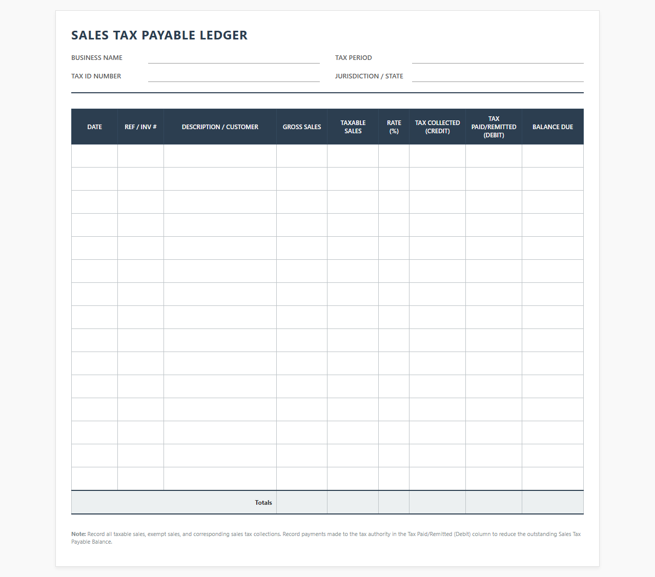 Small Business Sales Tax Payable Ledger Sheet