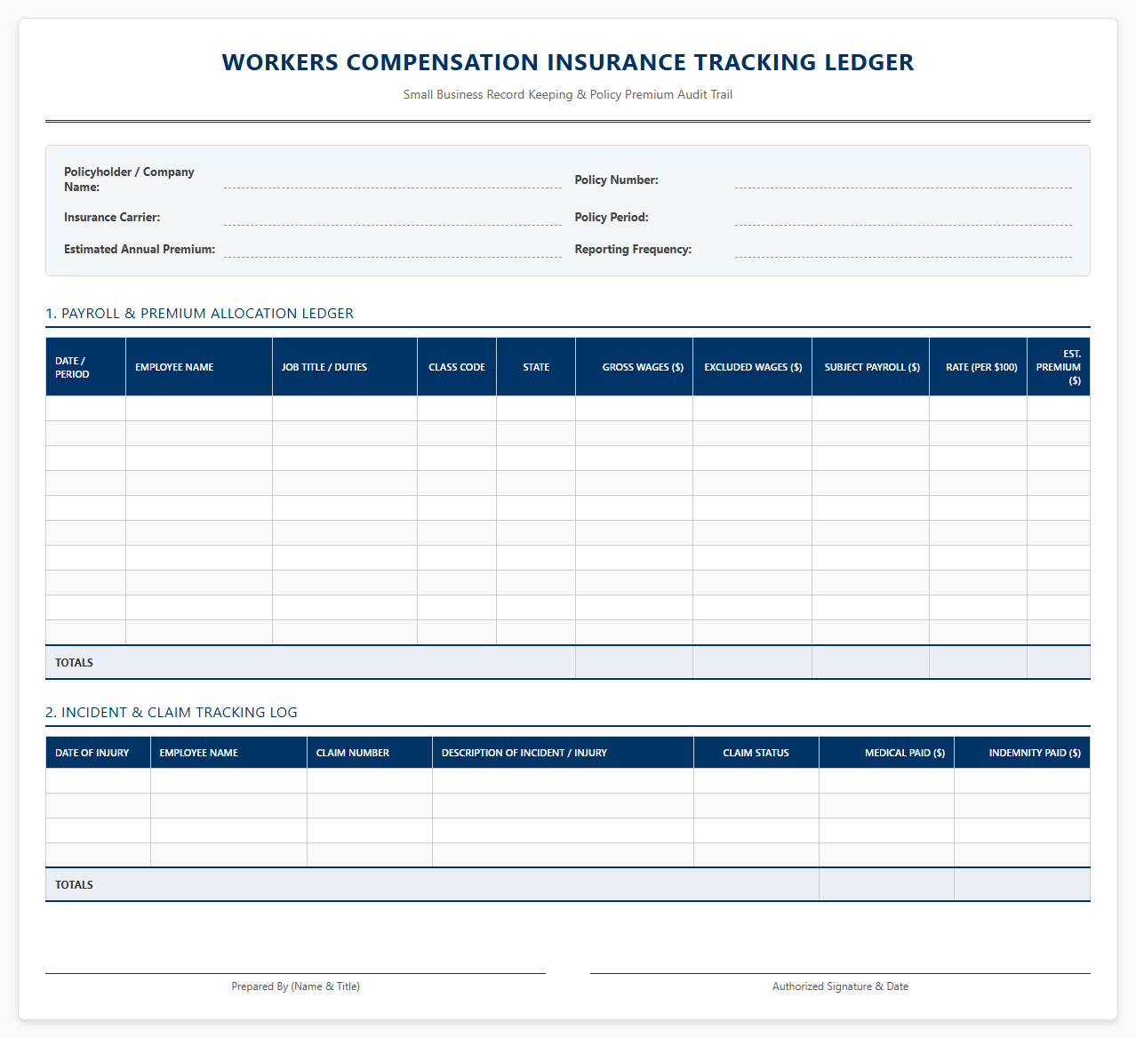 Small Business Workers Compensation Insurance Tracking Ledger