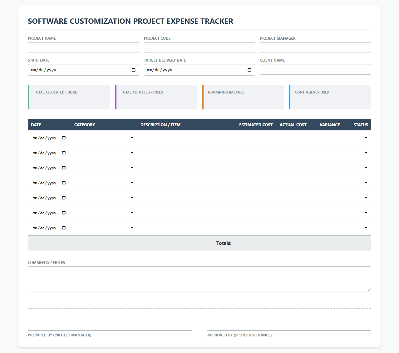 Software Customization Project Expense Tracker