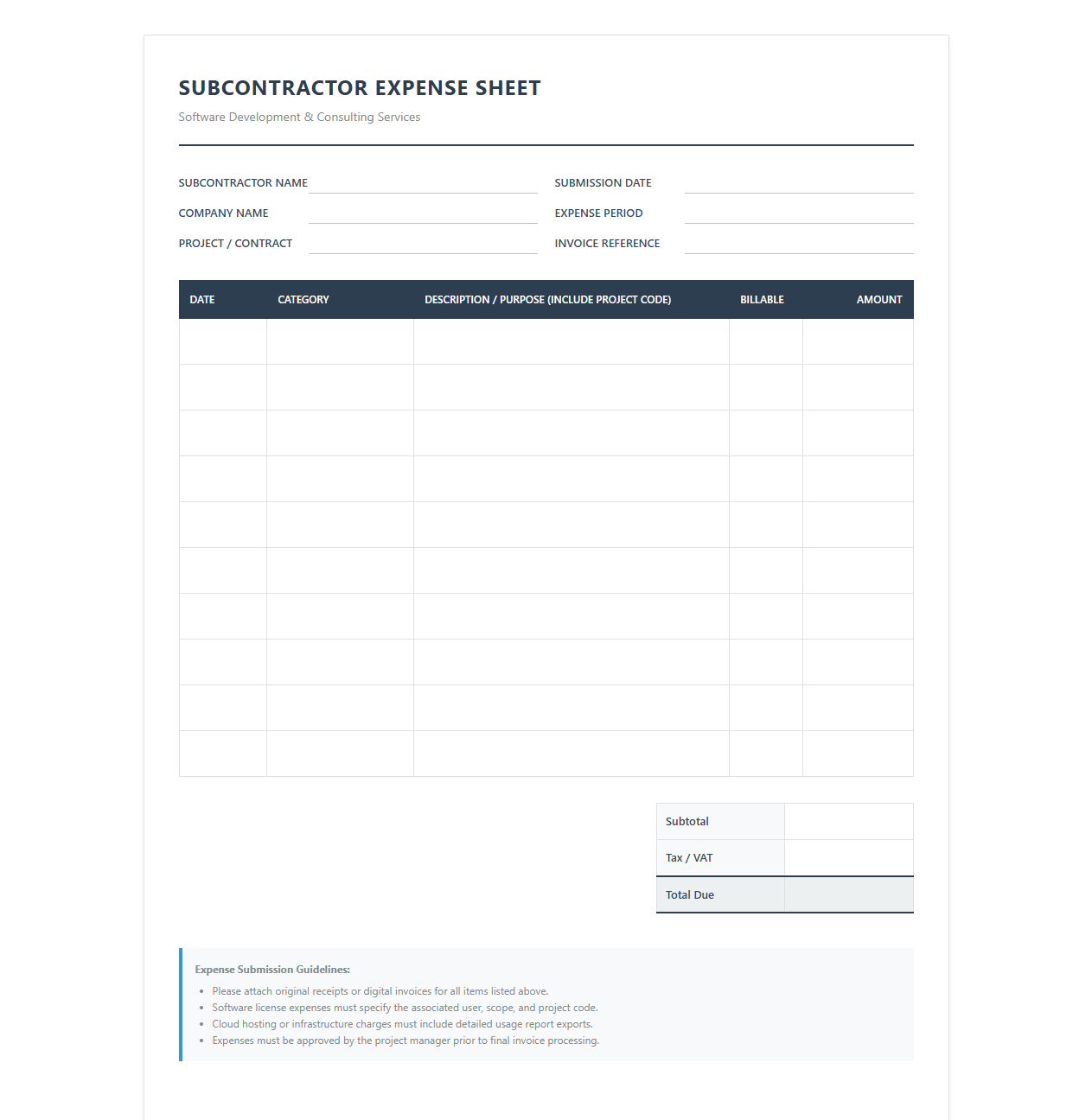 Software Developer Subcontractor Expense Sheet