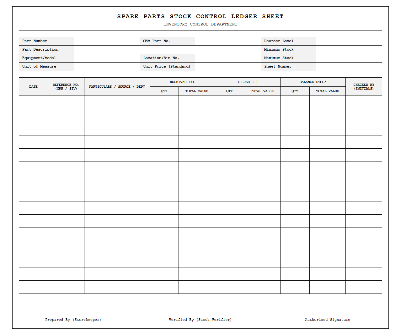 Spare Parts Stock Control Ledger Sheet