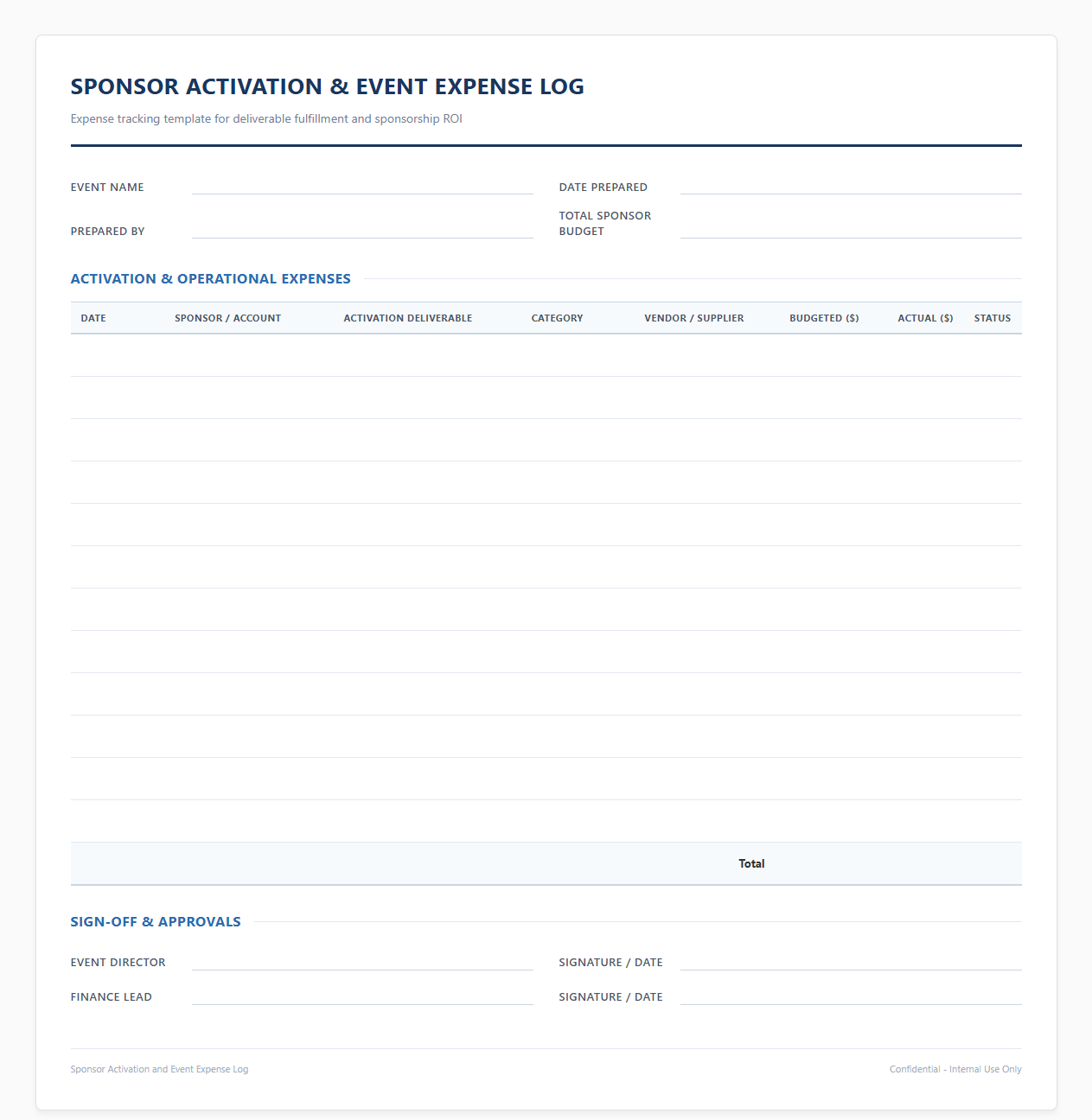 Sponsor Activation and Event Expense Log