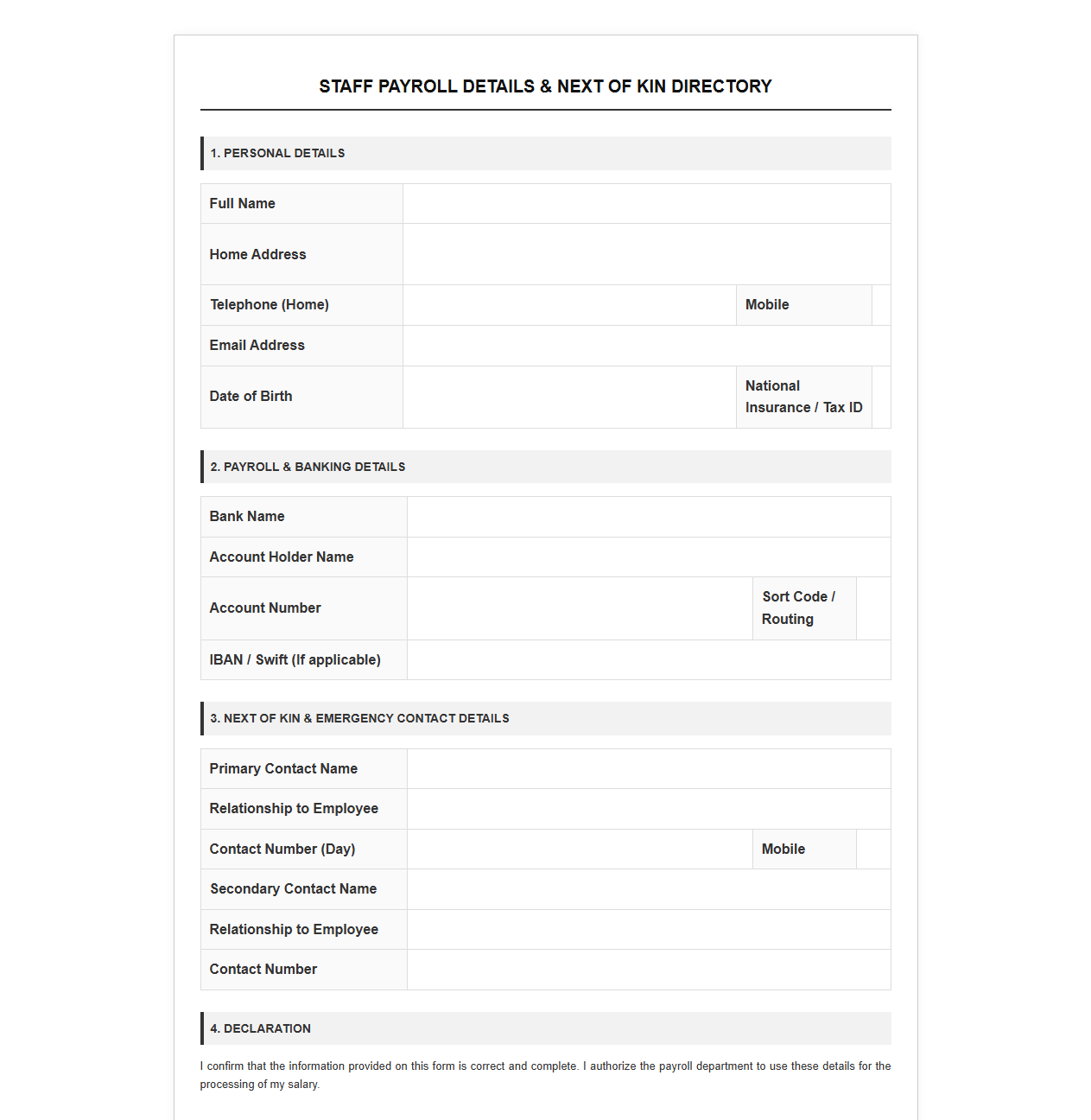 Staff Payroll Details and Next of Kin Directory
