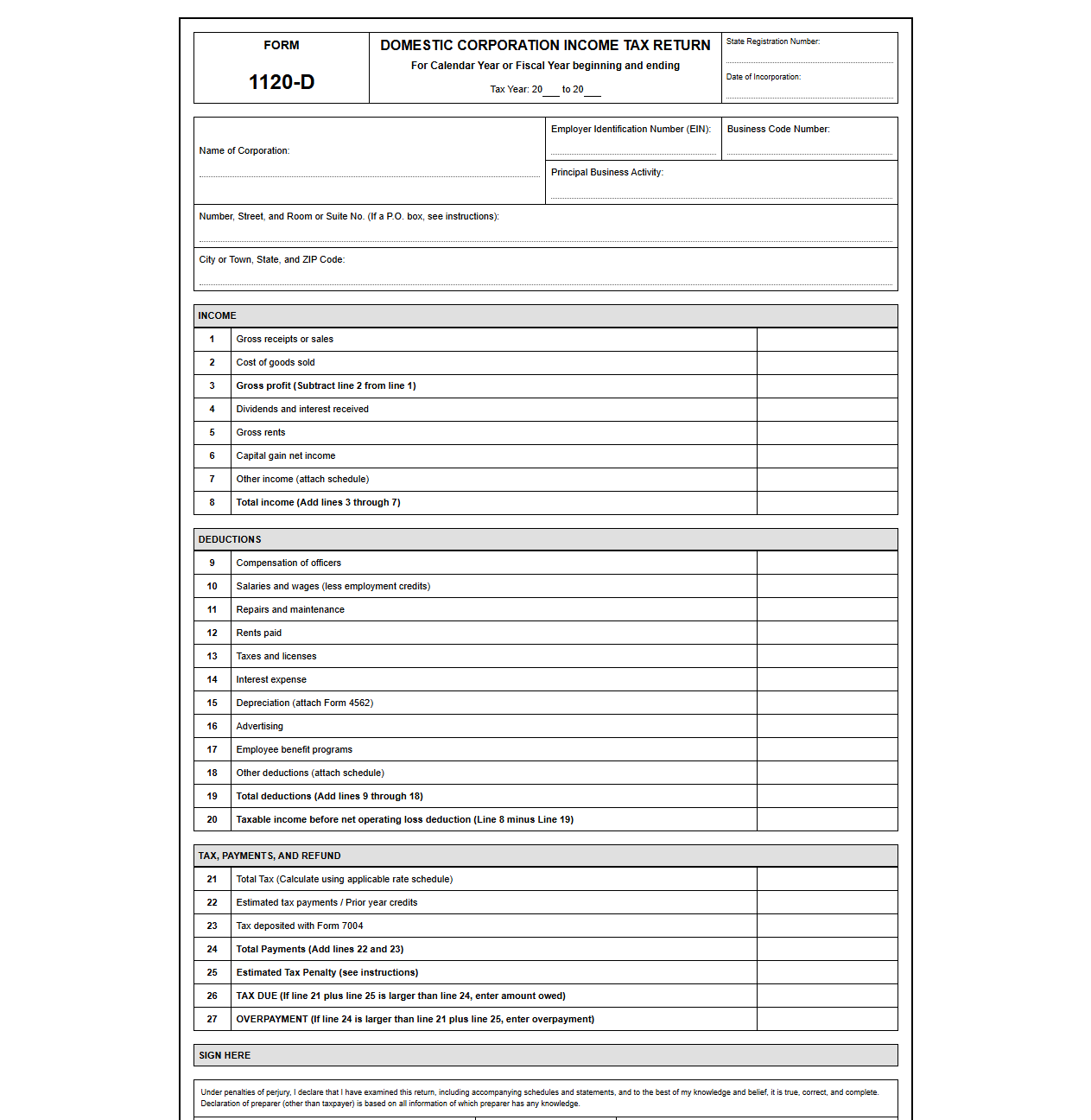 Standard Domestic Corporation Income Tax Return
