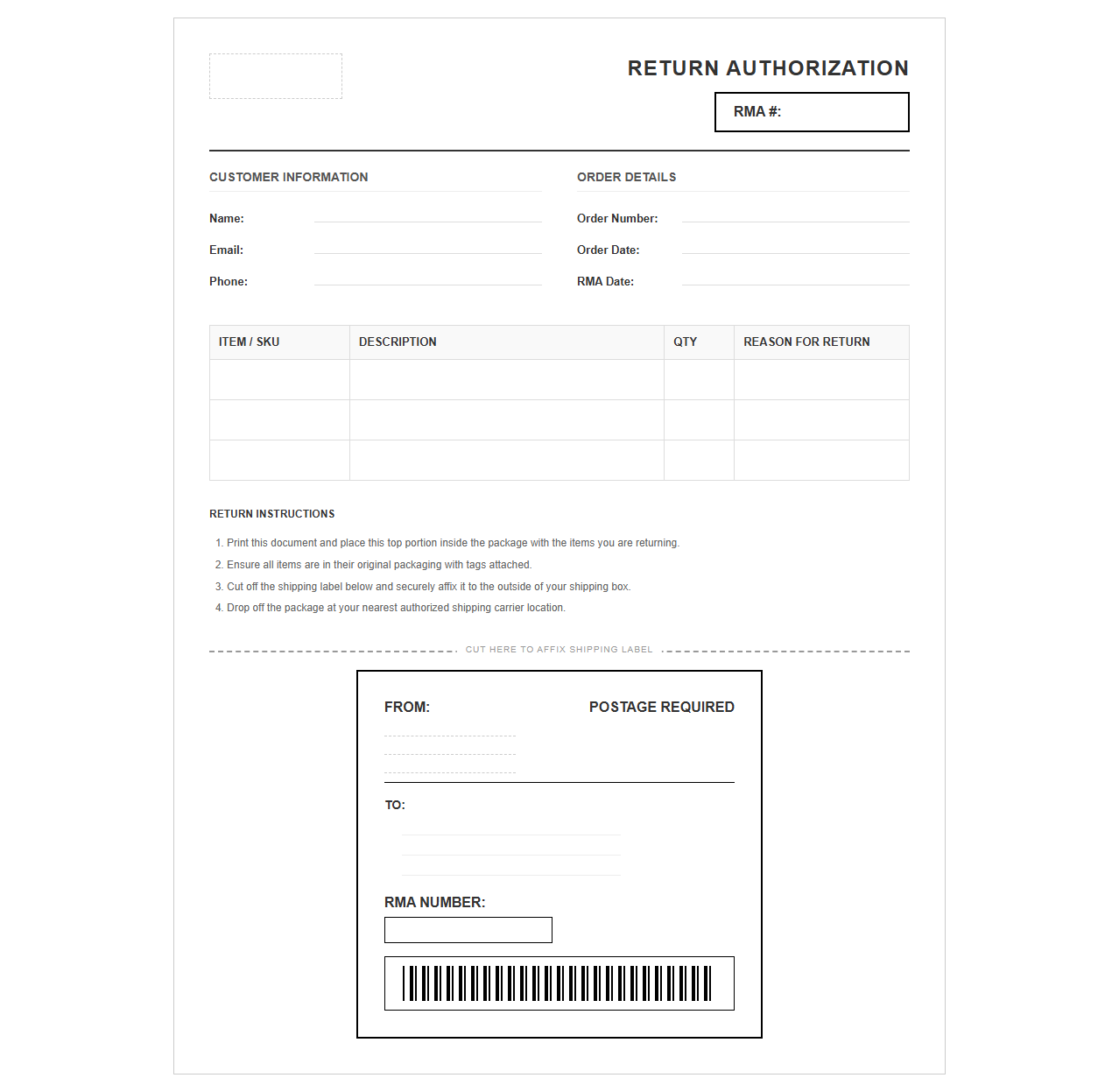 Standard E-Commerce Return Merchandise Authorization Document
