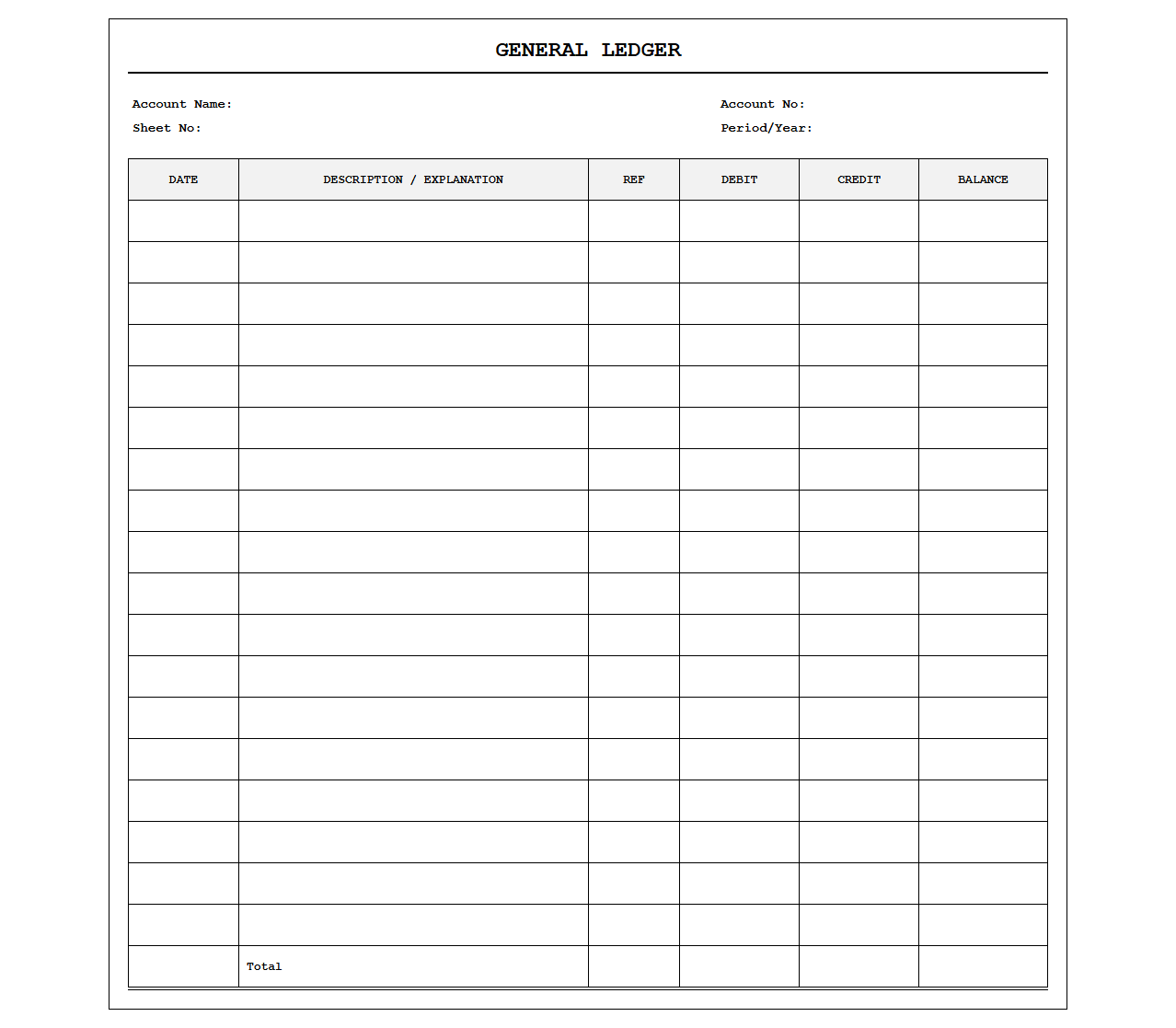 Standard General Ledger Accounting Sheet