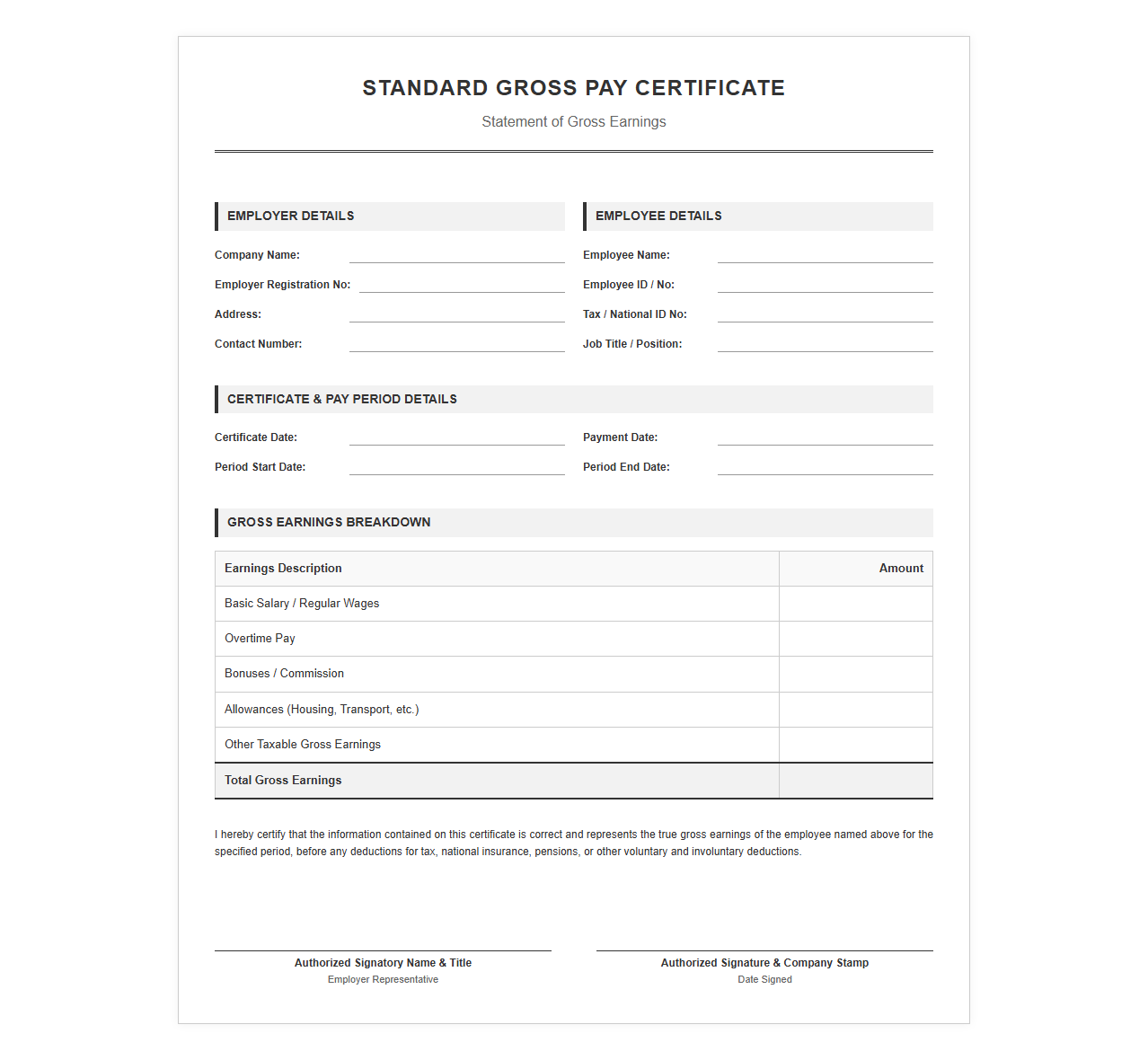 Standard Gross Pay Certificate Template