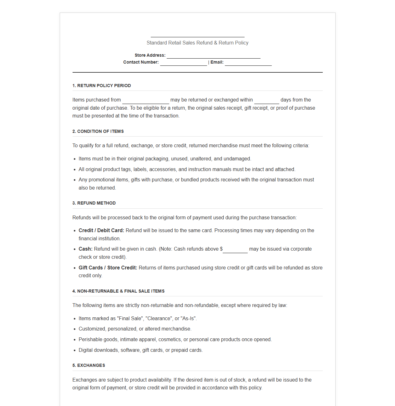 Standard Retail Sales Refund and Return Policy Sheet