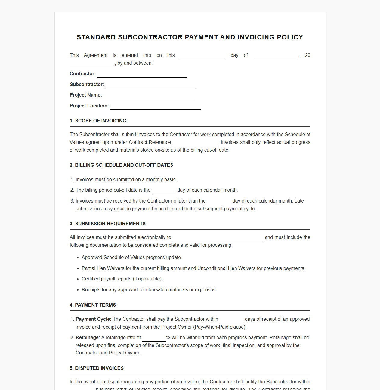Standard Subcontractor Payment and Invoicing Policy