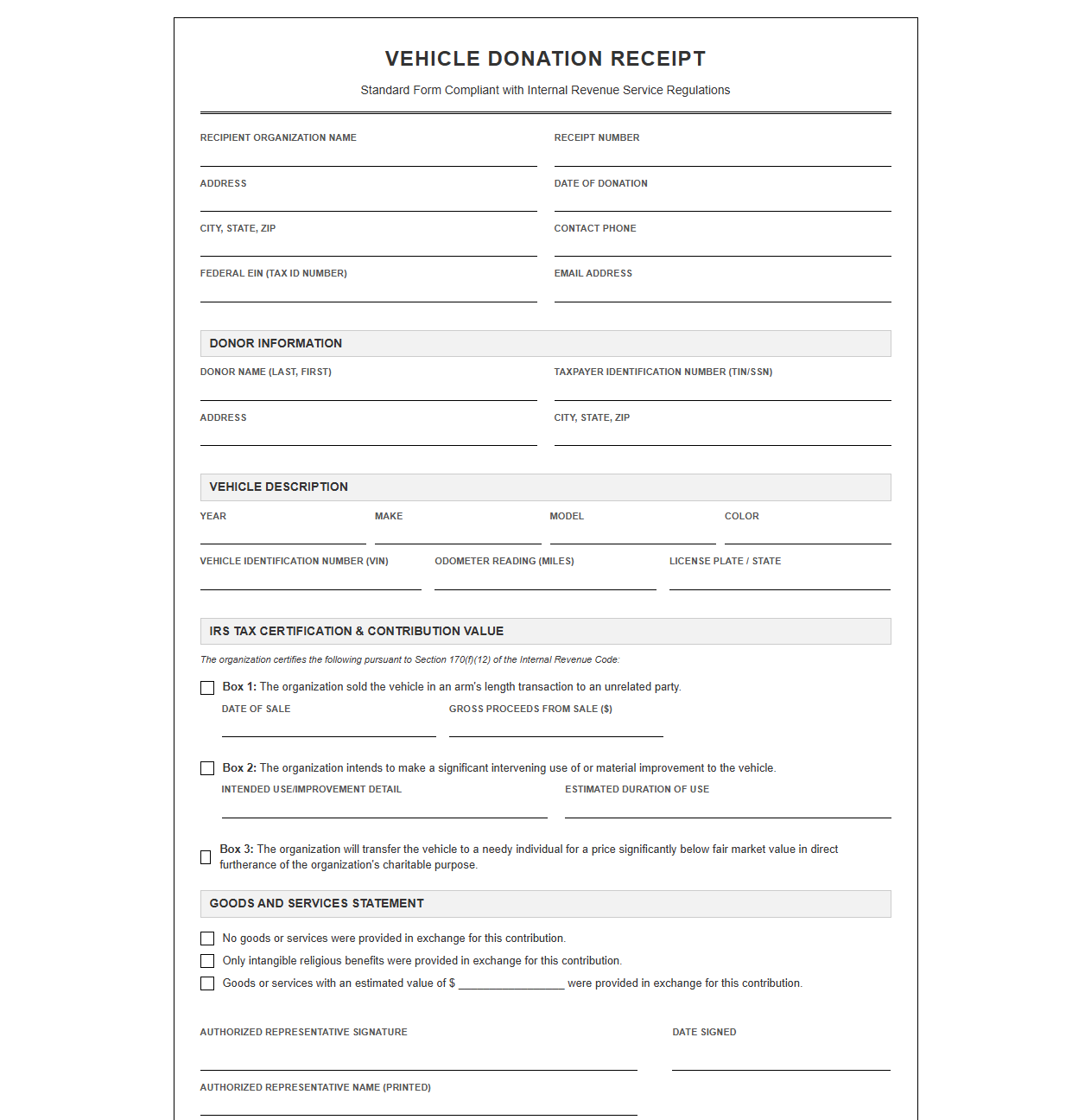 Standard Vehicle Donation Receipt Form