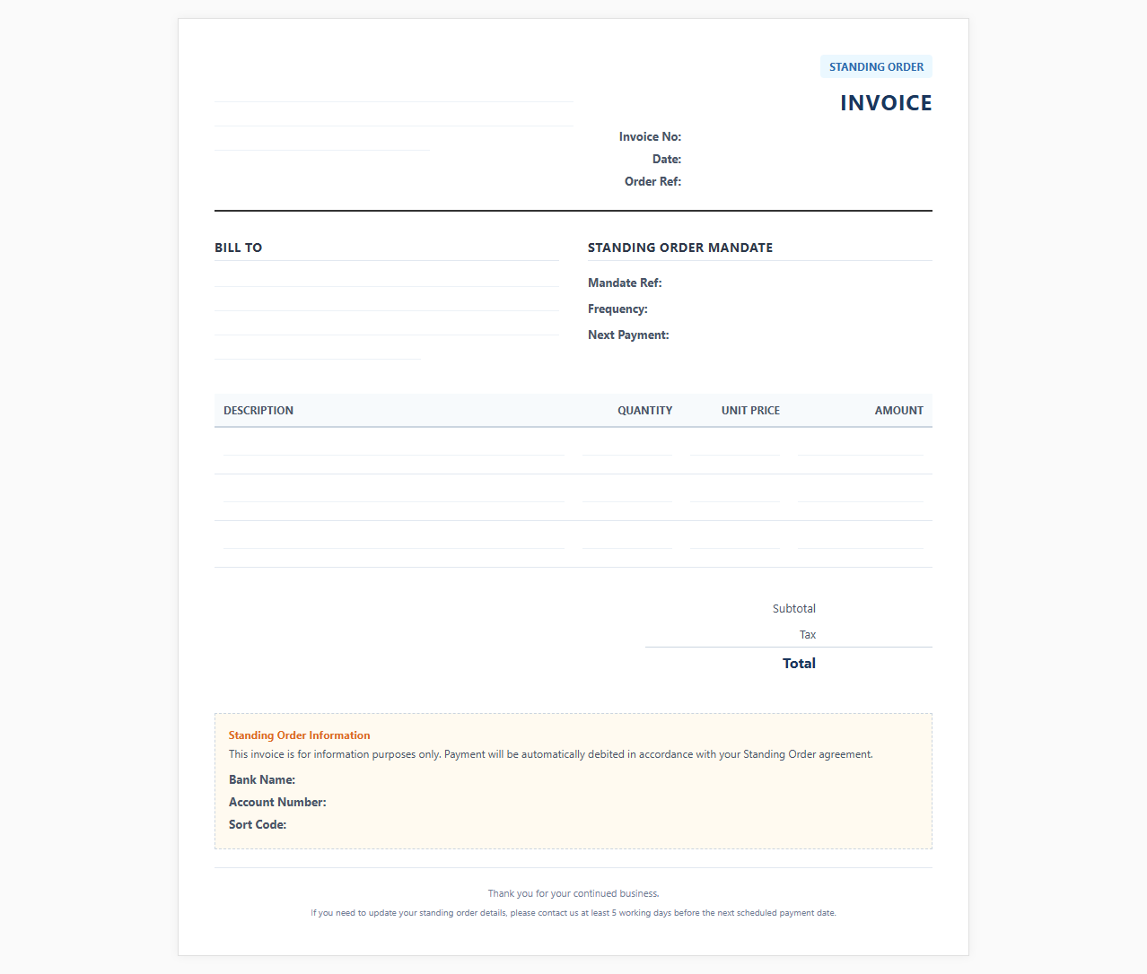 Standing Order Customer Invoice Design