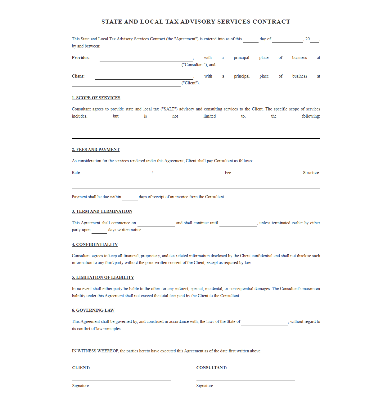 State and Local Tax Advisory Services Contract
