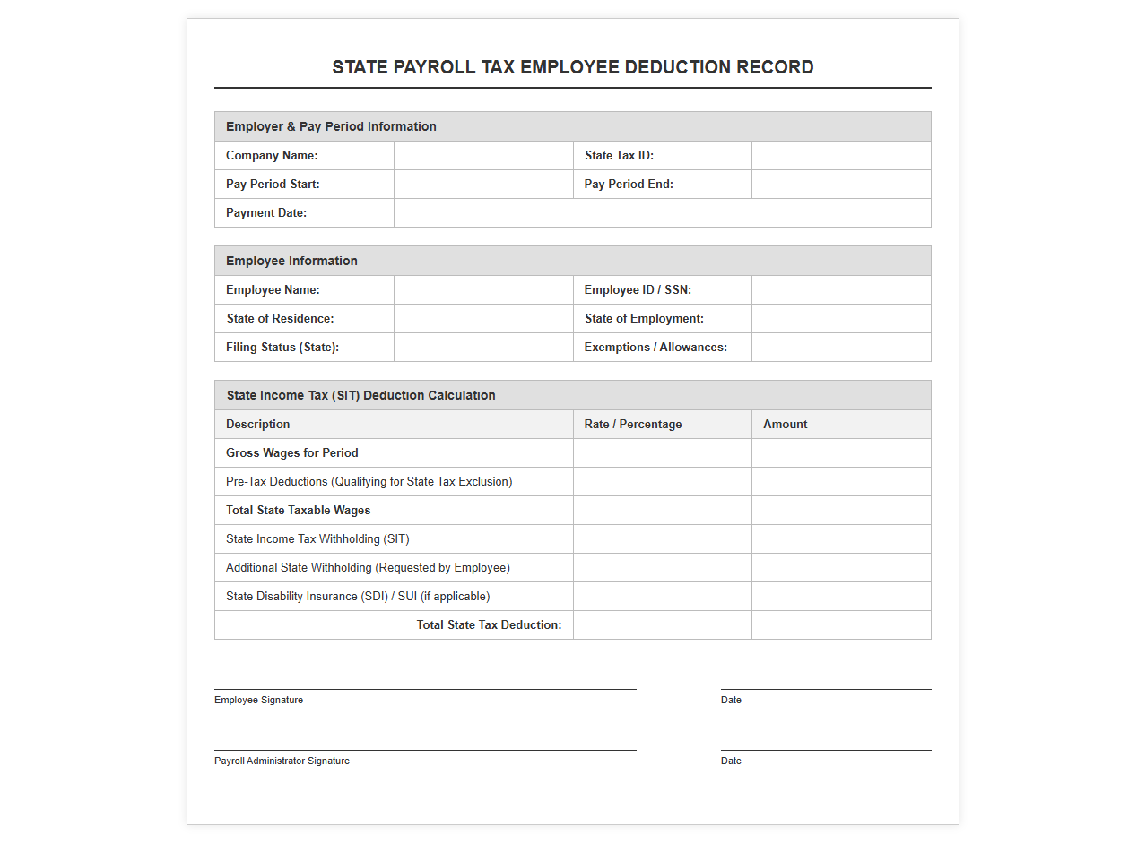 State Payroll Tax Employee Deduction Template
