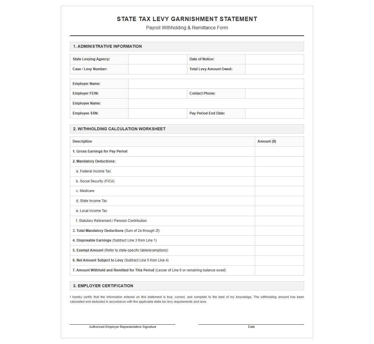 State Tax Levy Payroll Garnishment Statement