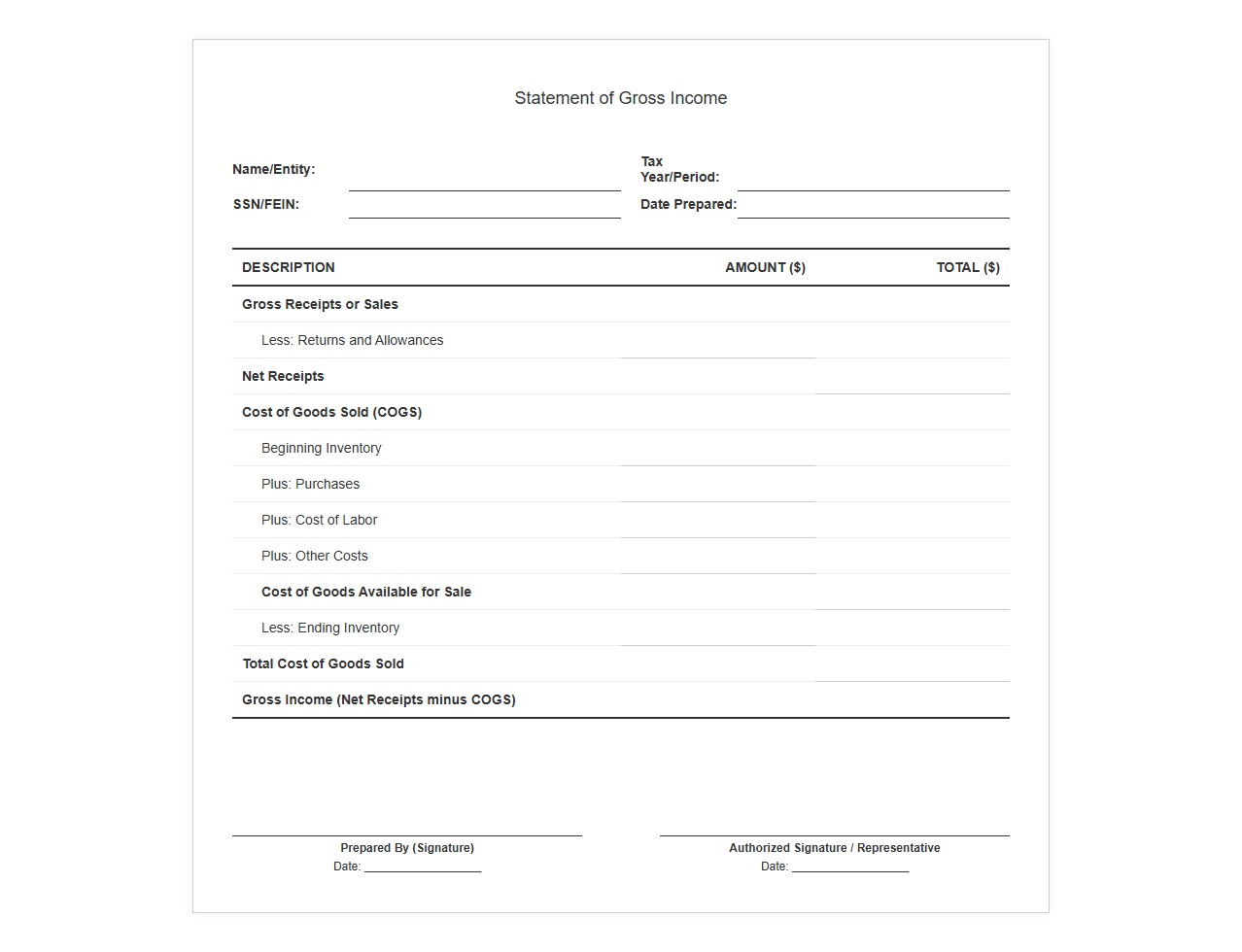 Statement of Gross Income Template