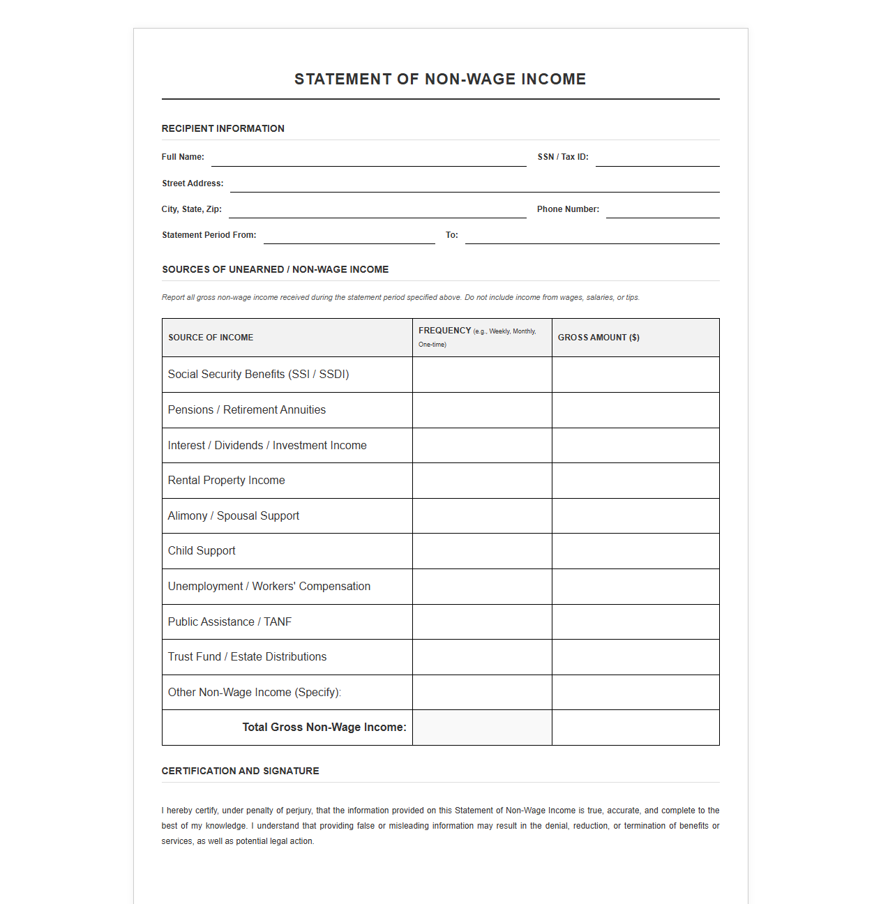 Statement of Non-Wage Income