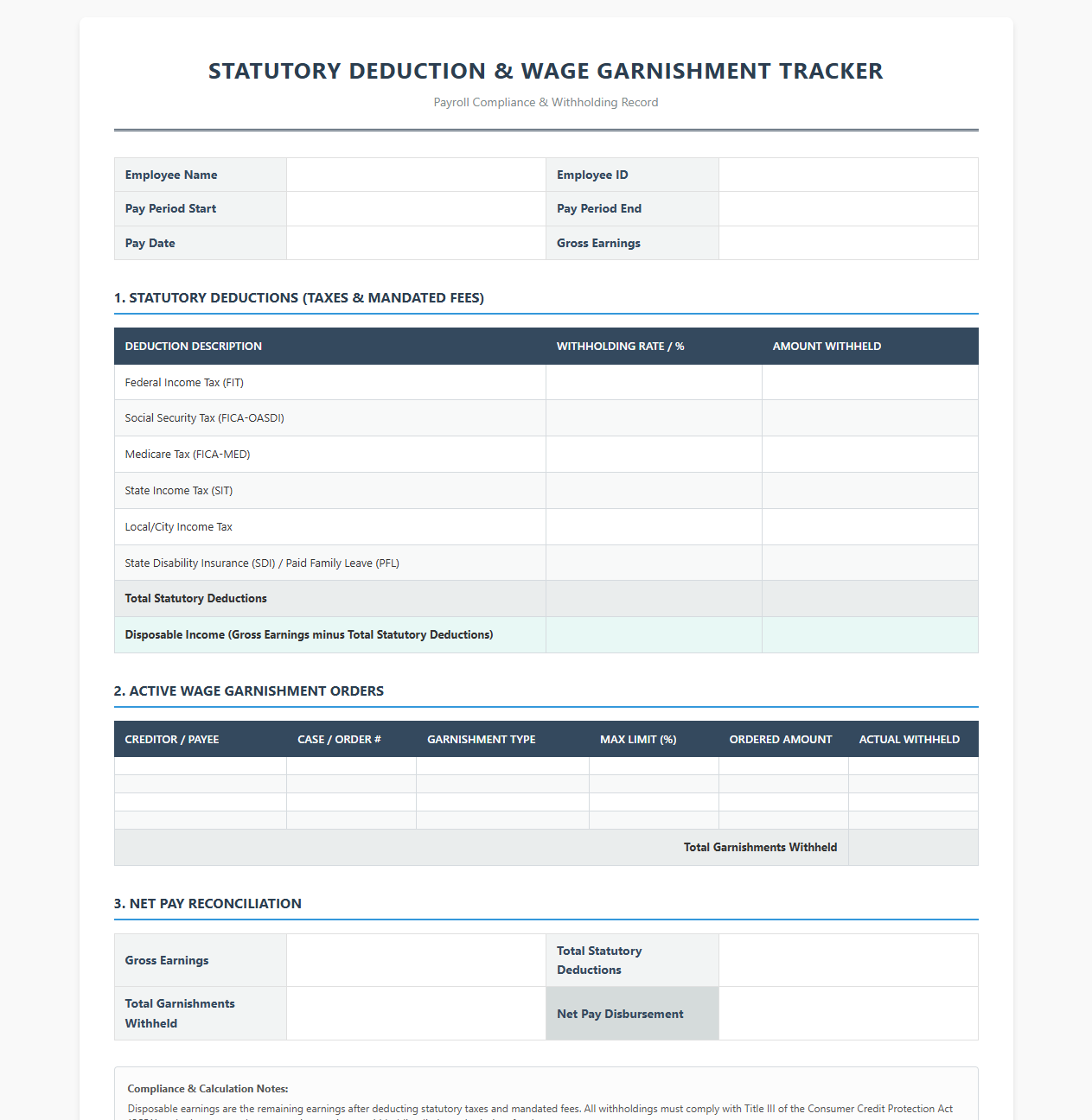 Statutory Deduction and Wage Garnishment Tracker