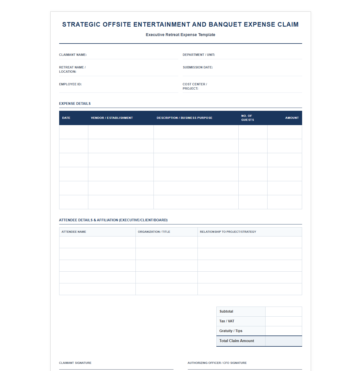 Strategic Offsite Entertainment and Banquet Expense Claim