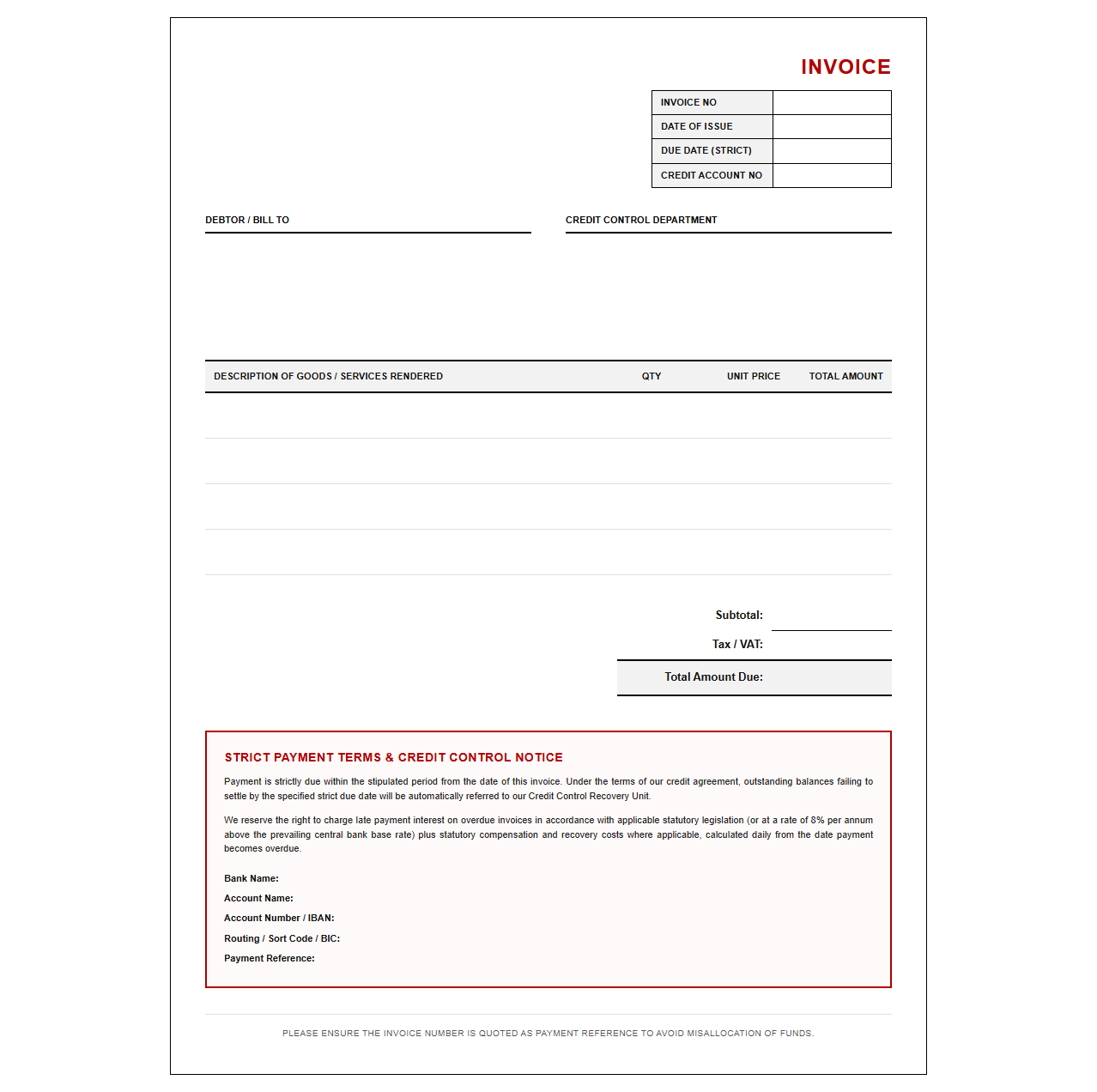Strict Terms Credit Control Invoice Template