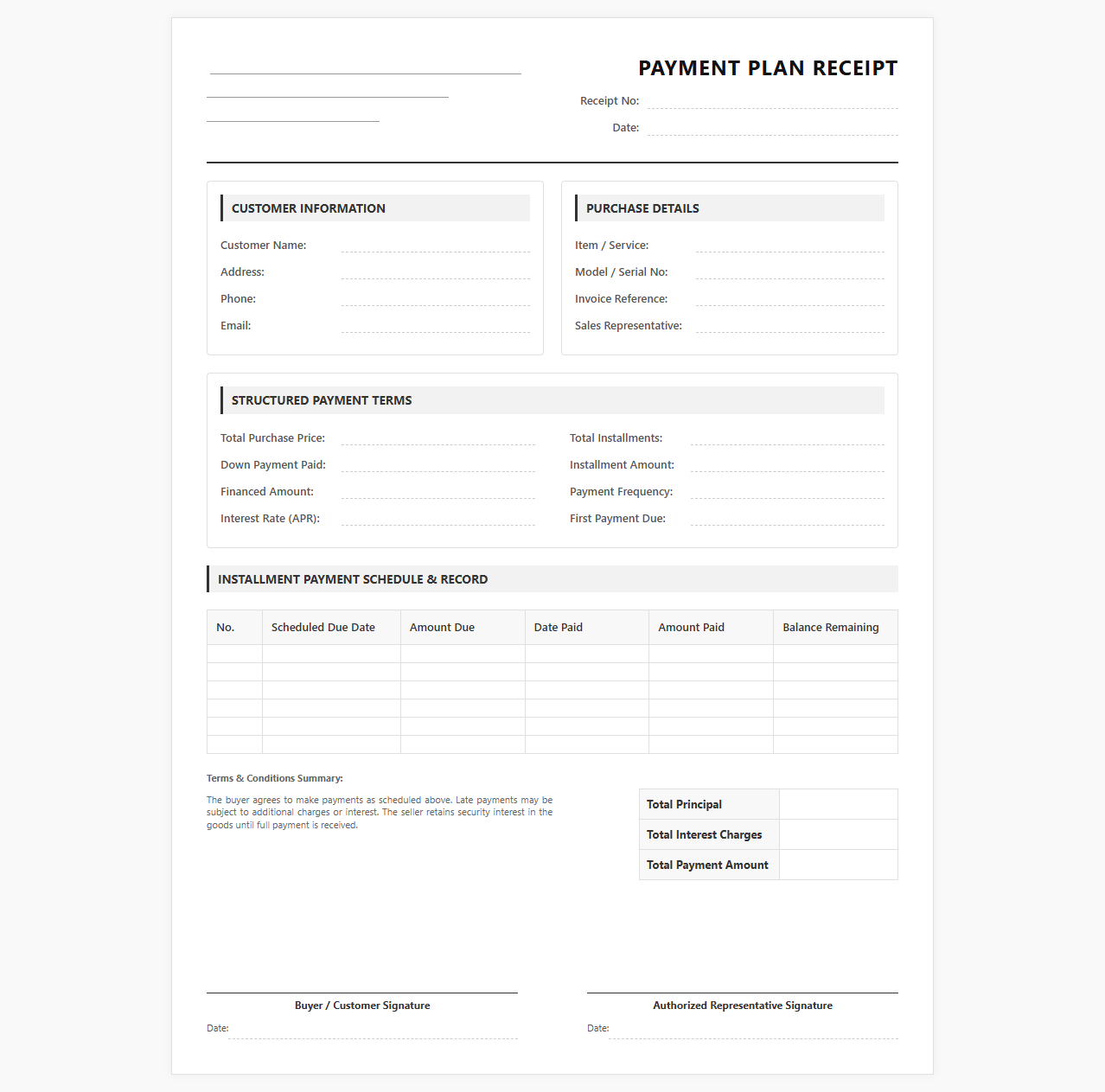 Structured Payment Plan Sales Receipt