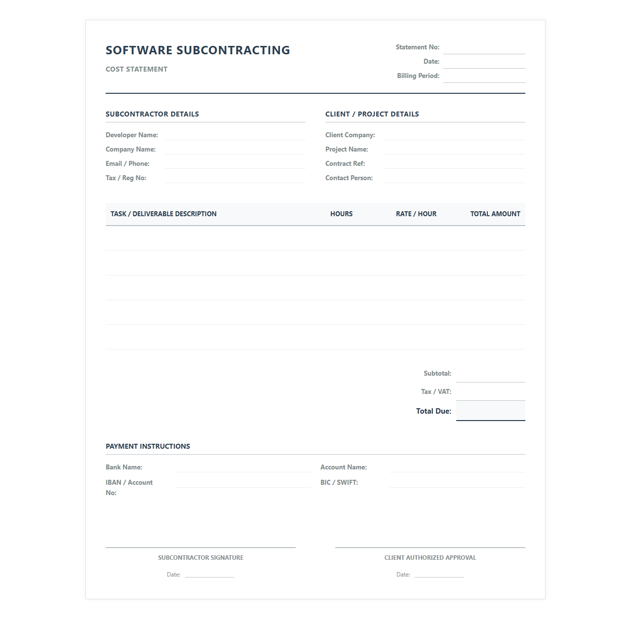 Subcontracted Software Developer Cost Statement