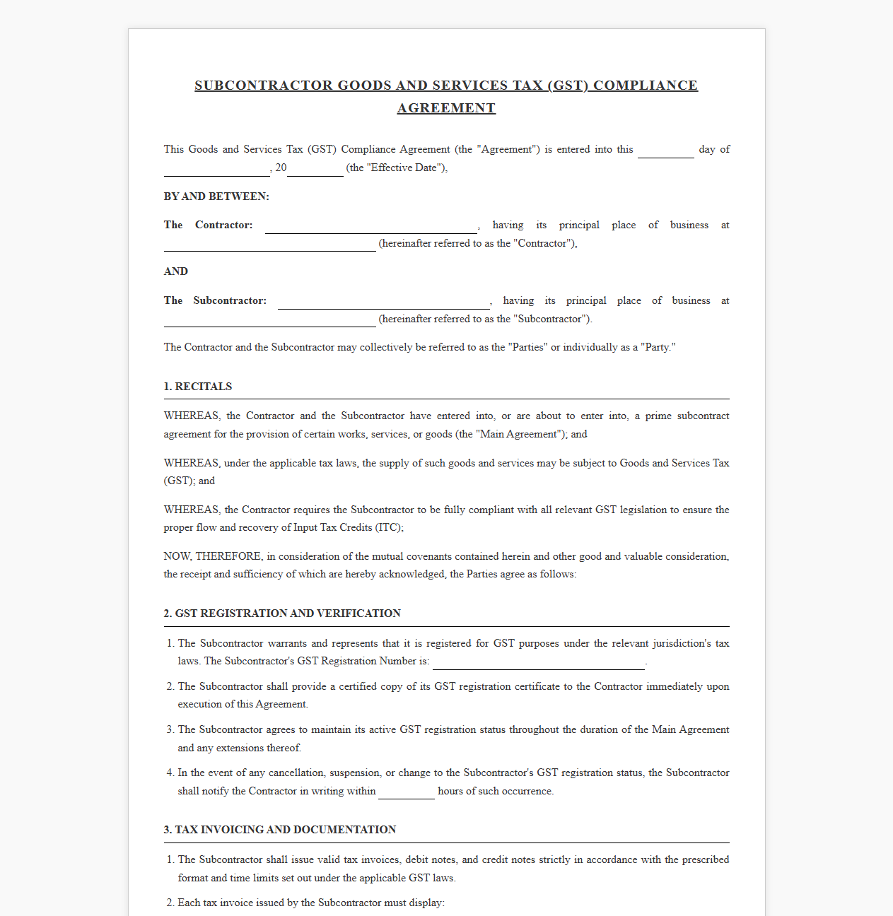 Subcontractor Agreement for Goods and Services Tax Registration