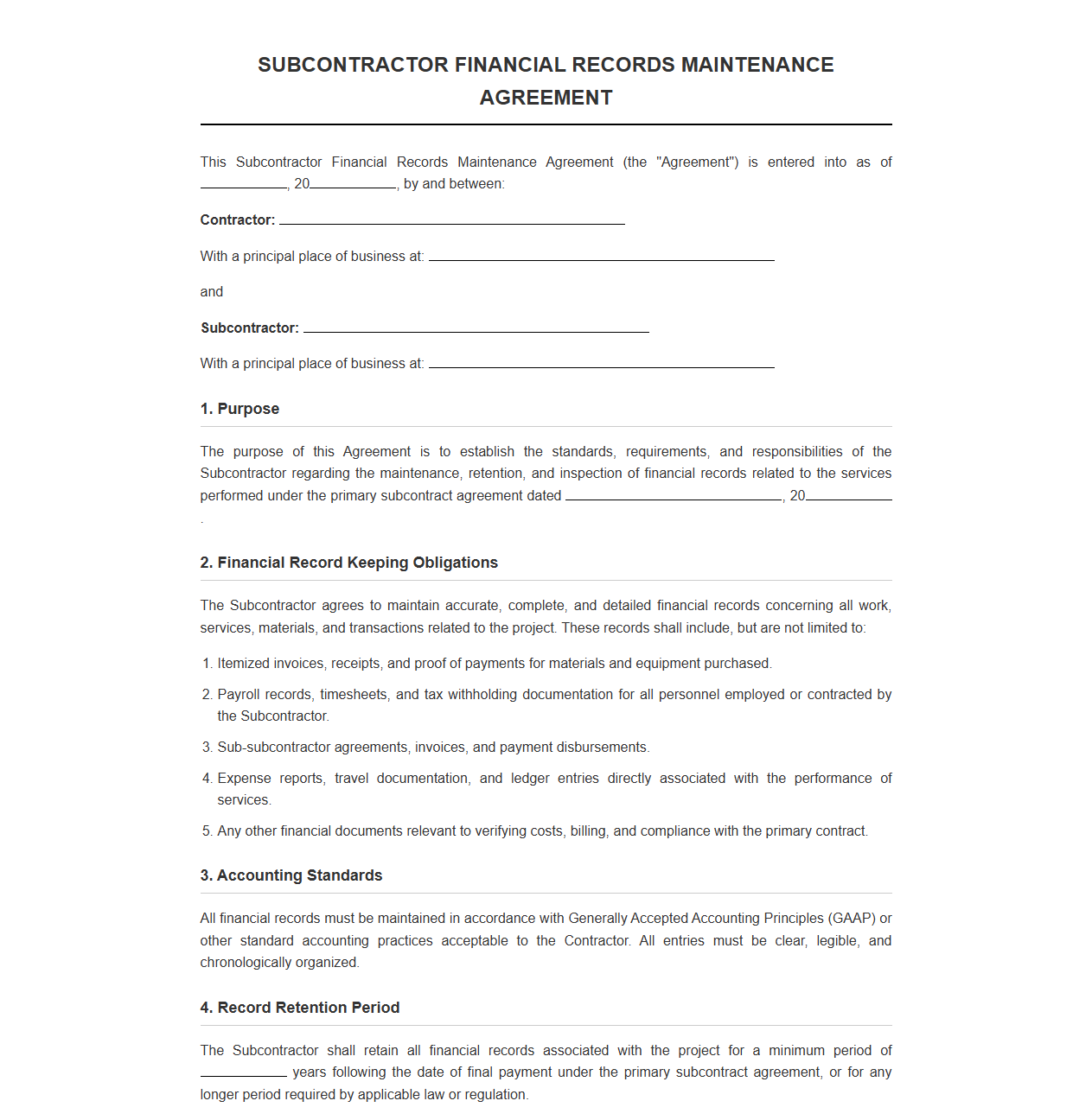 Subcontractor Financial Records Maintenance Agreement Template