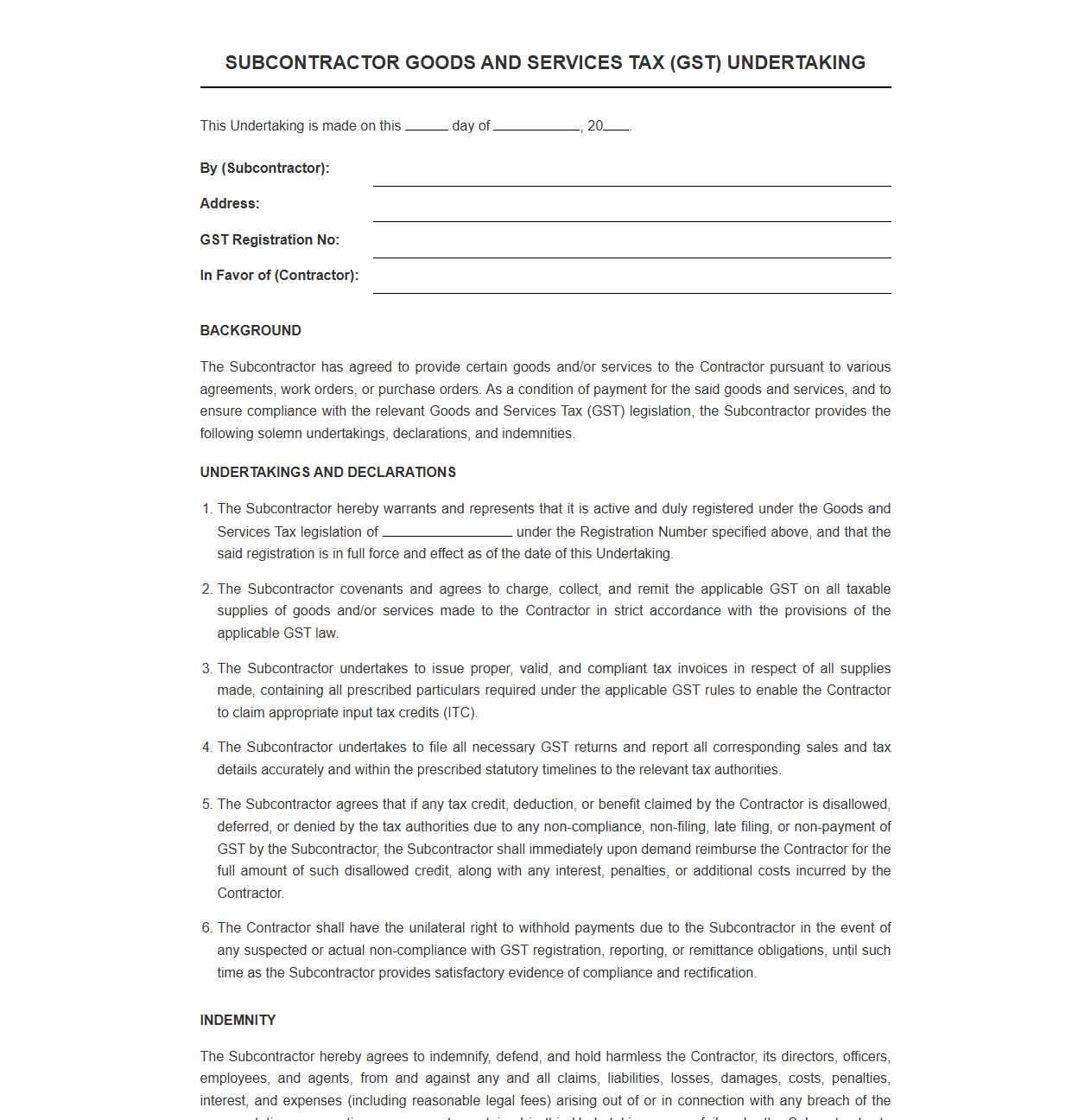 Subcontractor Goods and Services Tax Undertaking Document