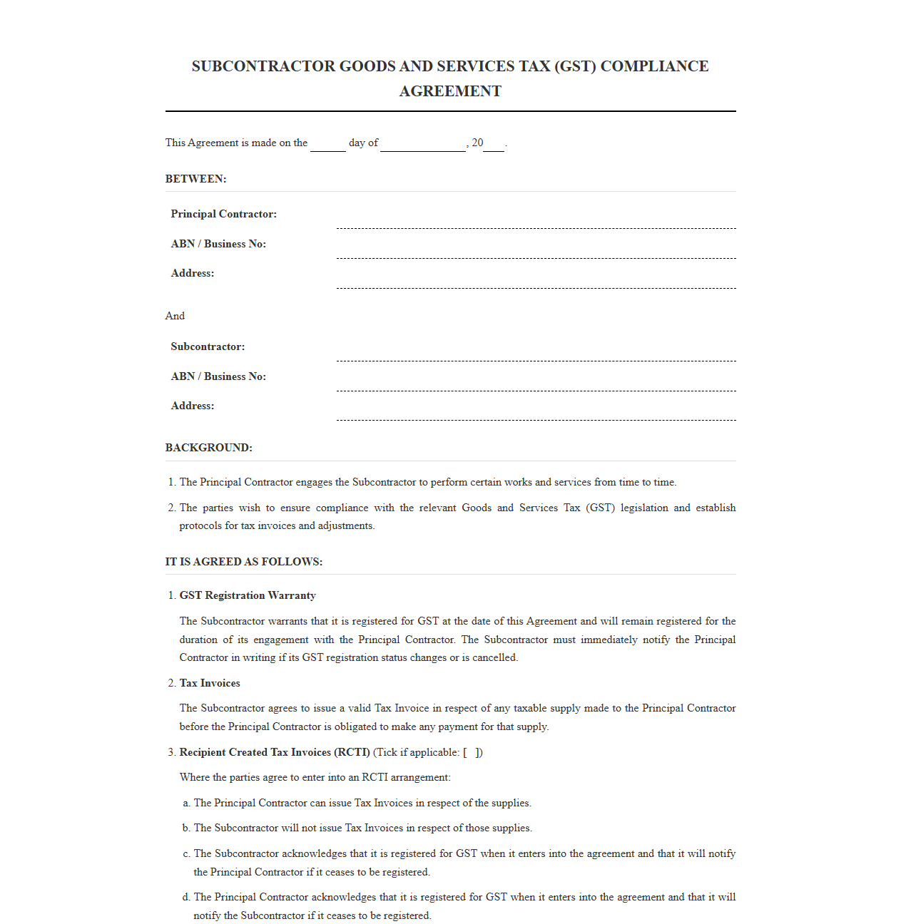 Subcontractor GST Compliance Agreement Template