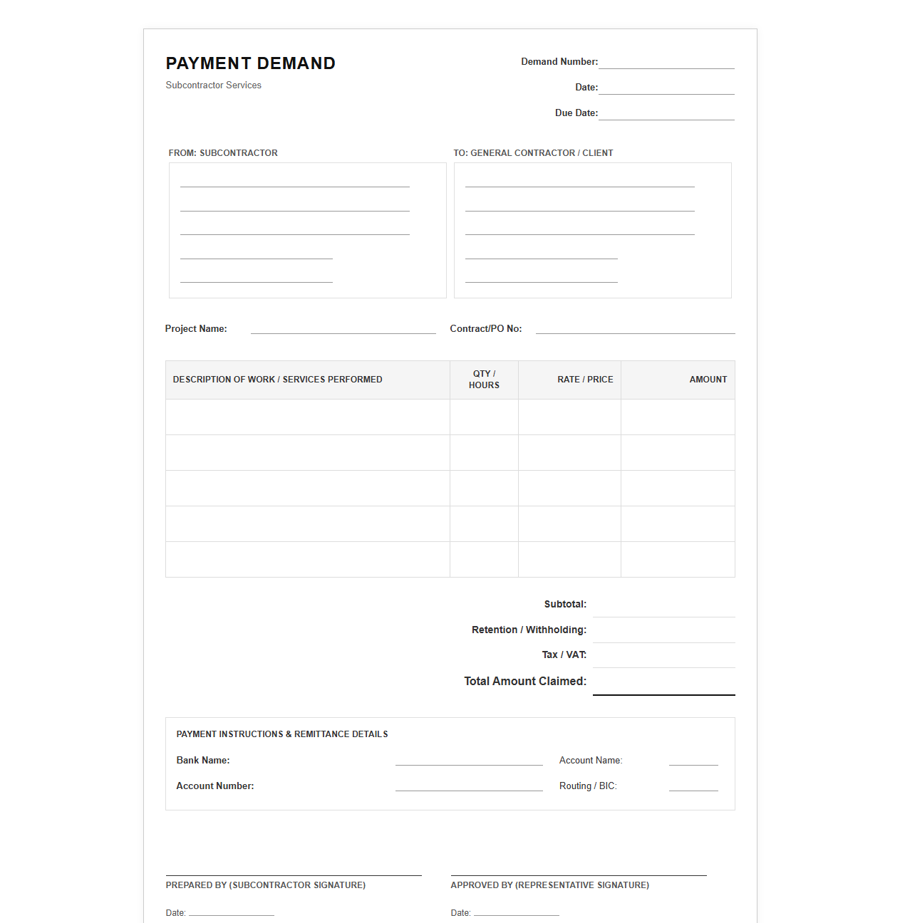 Subcontractor Payment Demand Template