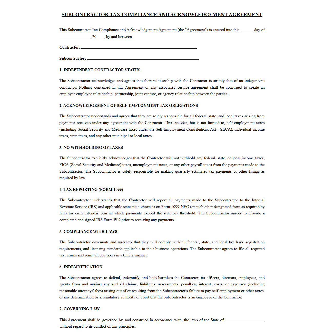 Subcontractor Tax Compliance and Acknowledgement Agreement