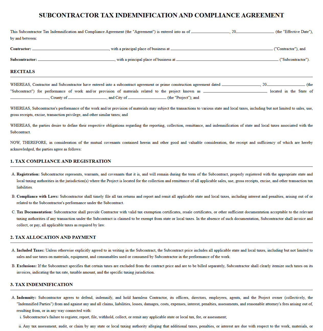 Subcontractor Tax Indemnification and Compliance Agreement