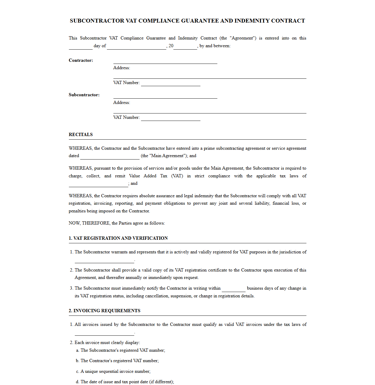 Subcontractor VAT Compliance Guarantee and Indemnity Contract