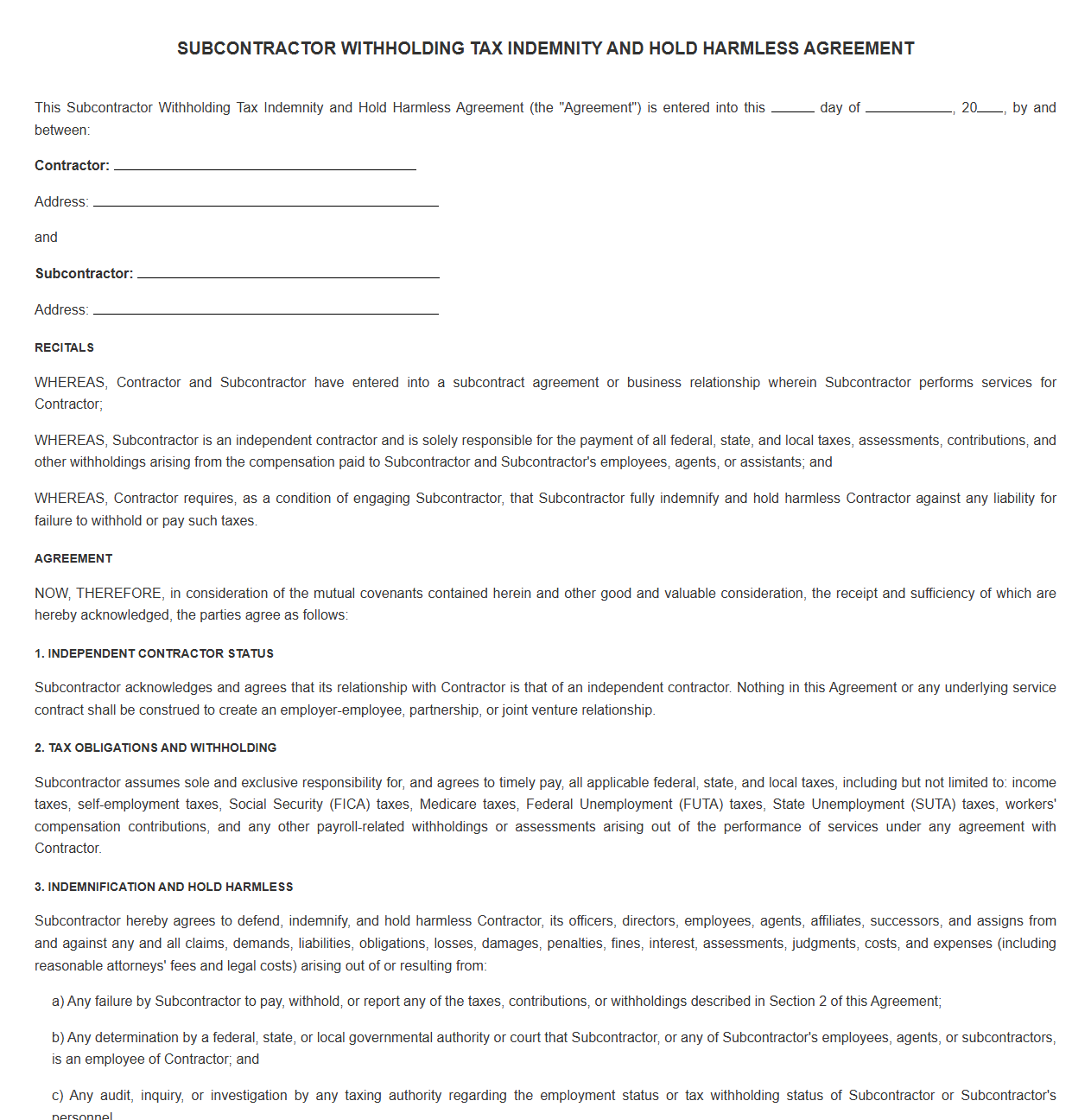 Subcontractor Withholding Tax Indemnity and Hold Harmless Agreement